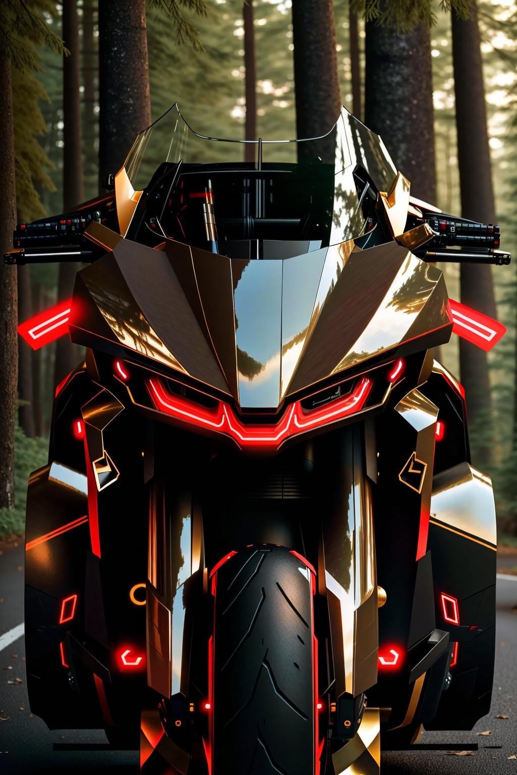 <lora:zzfutbikzz_v1:1> zzfutbikzzmasterpiece, highly detailed photorealistic 8k raw photo, best cinematic quality, volumetric lighting and shadows, sunday lightingmetallic red, glowing, metallic, human on motorcycle, mecha style, reflective, (Extreme close-up:1.2)(forest background:1.2)