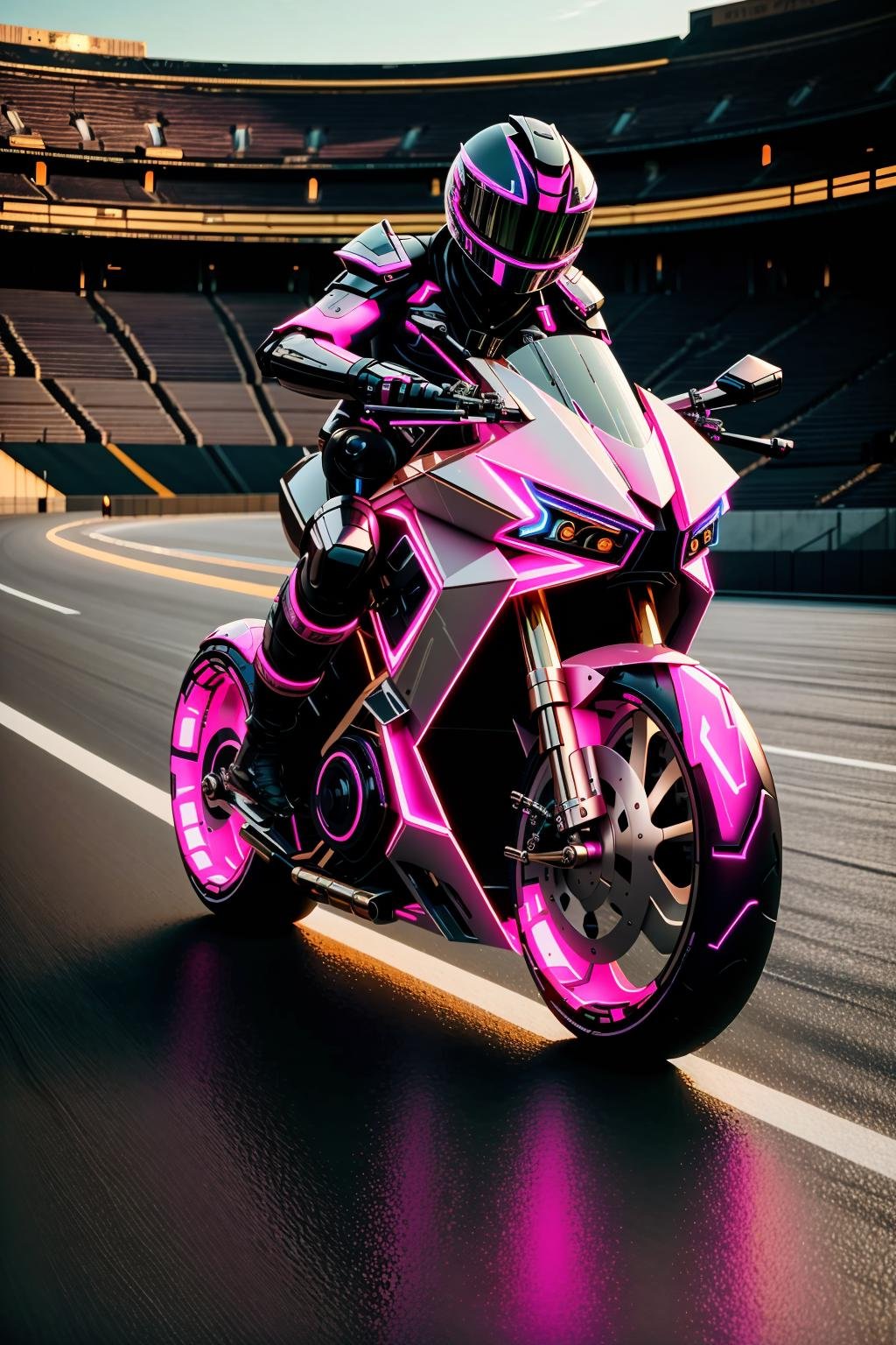 <lora:zzfutbikzz_v1:1> zzfutbikzzmasterpiece, highly detailed photorealistic 8k raw photo, best cinematic quality, volumetric lighting and shadowsmetallic pink motorcycle, glowing, metallic, human on motorcycle, mecha style, reflectivecolosseum background