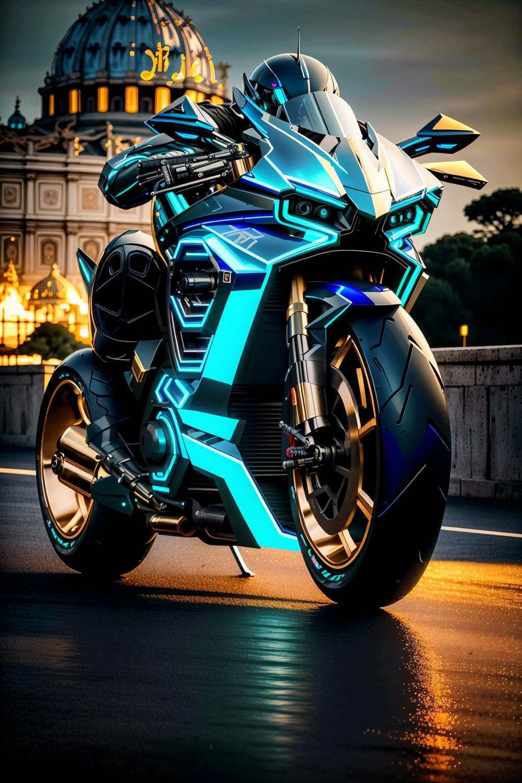 <lora:zzfutbikzz_v1:1> zzfutbikzzmasterpiece, highly detailed photorealistic 8k raw photo, best cinematic quality, volumetric lighting and shadowsmetallic blue motorcycle, glowing, metallic, human on motorcycle, mecha style, reflective(vatican city background:1.2)