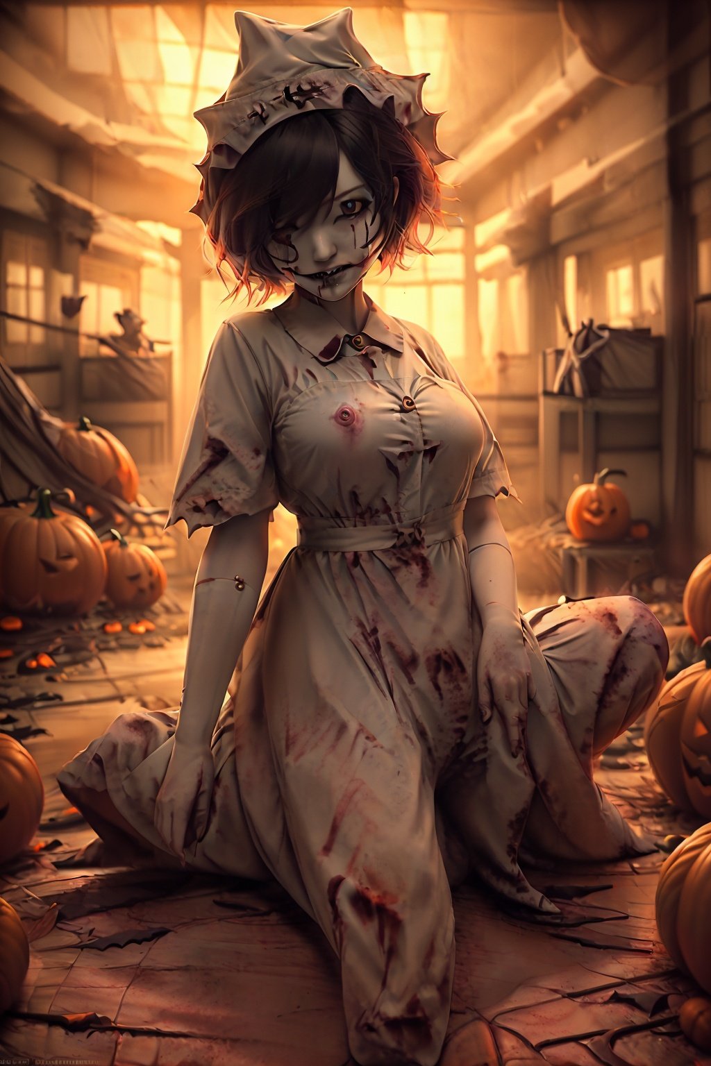 1girl,<lora:hushi:0.7>,plump,(((happy_halloween))),highres,wide_shot,cowboy_shot,(((evil smile))),wallpaper,photo_(medium),reality,short hair,multicolored hair,((lotus_position)),nsfw