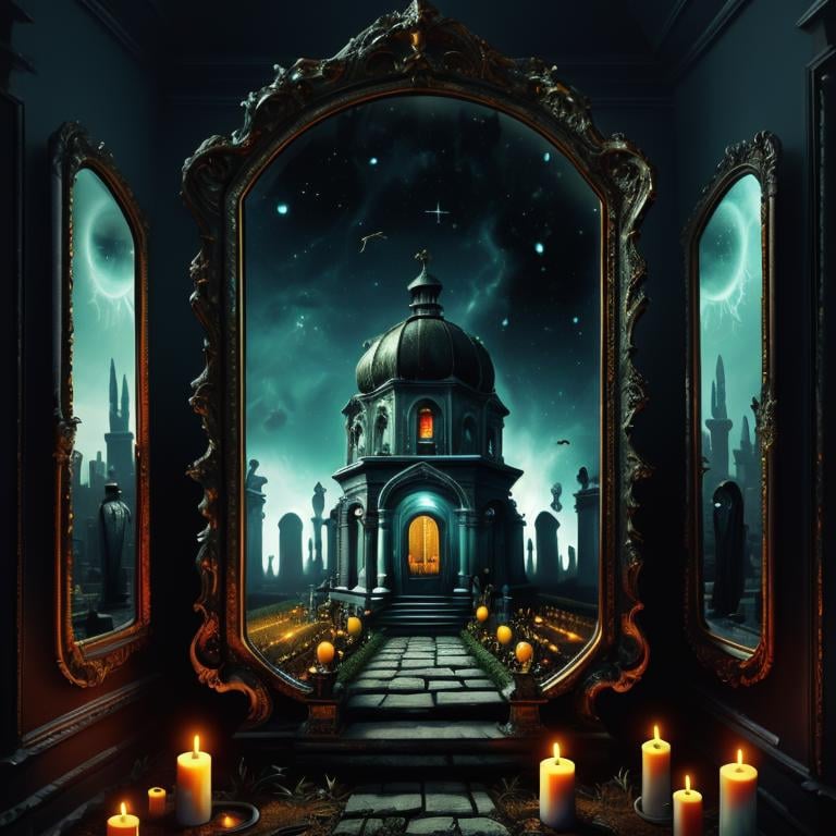 ((realistic,digital art)), (hyper detailed),h4l0w3n5l0w5tyl3DonML1gh7 Cemetery, Otherworldly, Worn Books, Haunted Mirror, Candlelit, Scary Portraits,  <lora:h4l0w3n5l0w5tyl3DonML1gh7_v1.2-000008:0.8>