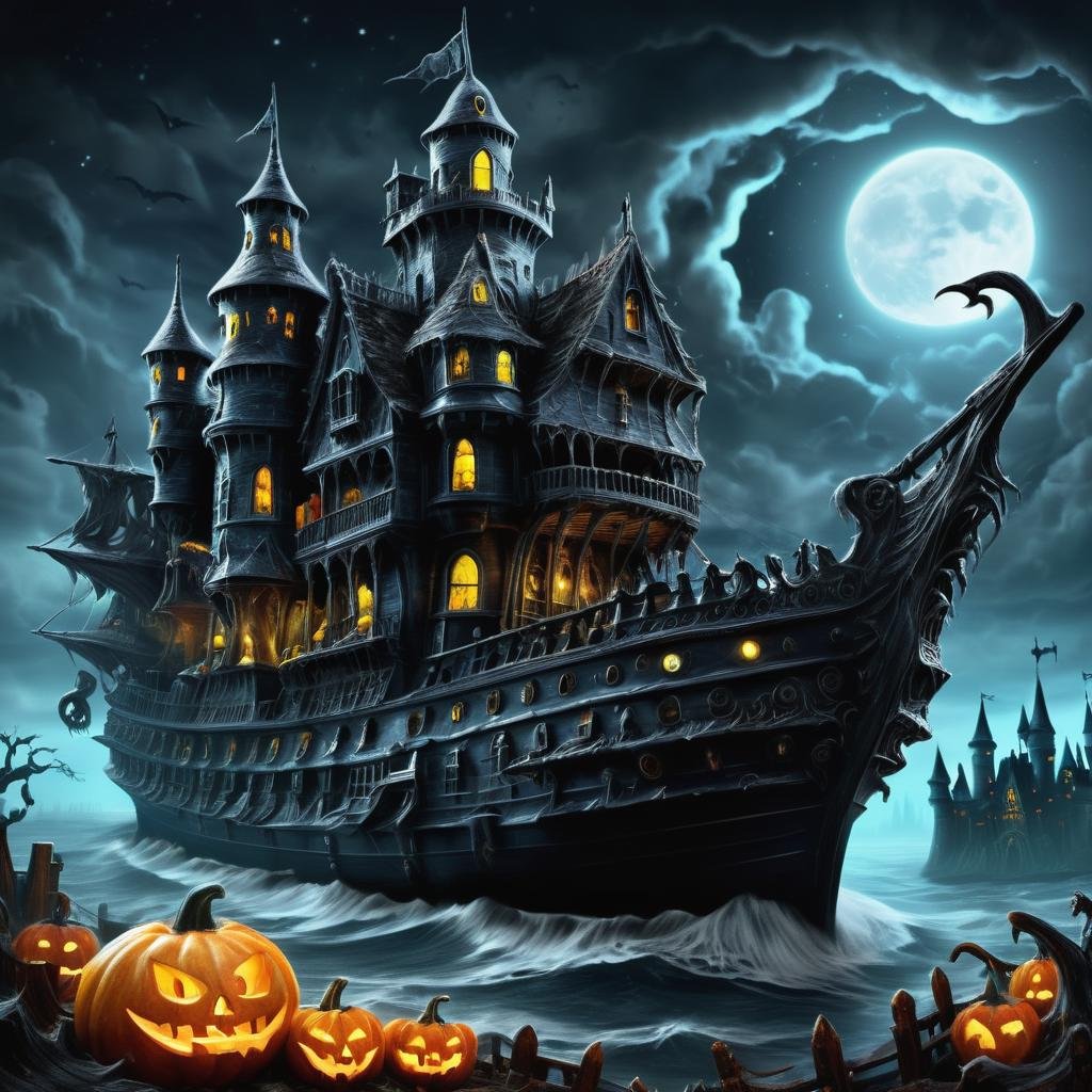 ((realistic,digital art)), (hyper detailed),h4l0w3n5l0w5tyl3DonMD4rk Ghost Ship, Demonic, Ouija Boards, Werewolf, Moonlit Castle, Pumpkin Carving Art,   <lora:h4l0w3n5l0w5tyl3DonMD4rk-XLv1:1>