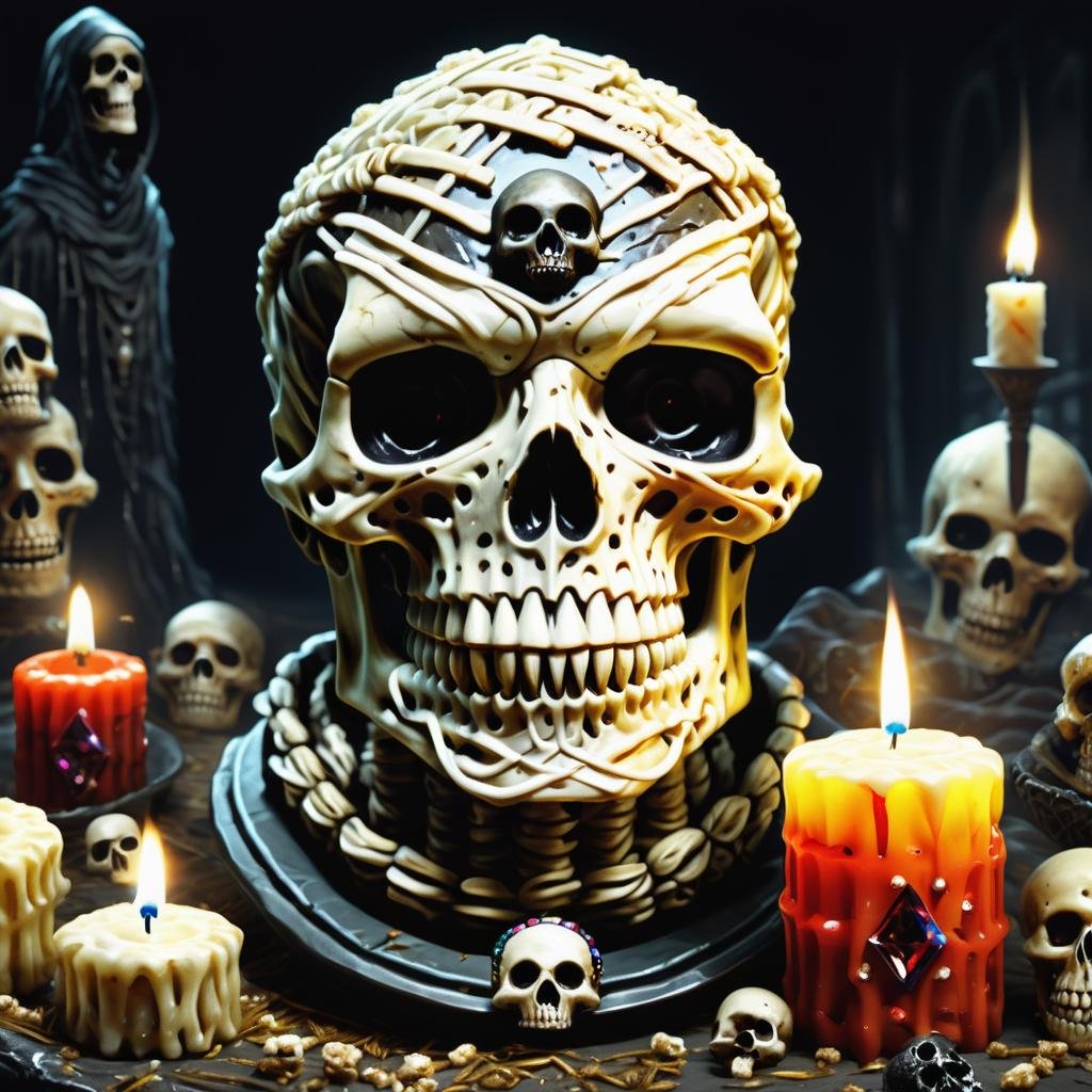 ((realistic,digital art)), (hyper detailed),h4l0w3n5l0w5tyl3DonMD4rk Mummy, Demonic, Rice Krispie Treats, Skull-shaped Candles, Crystal Ball,,   <lora:h4l0w3n5l0w5tyl3DonMD4rk-XLv1:1>