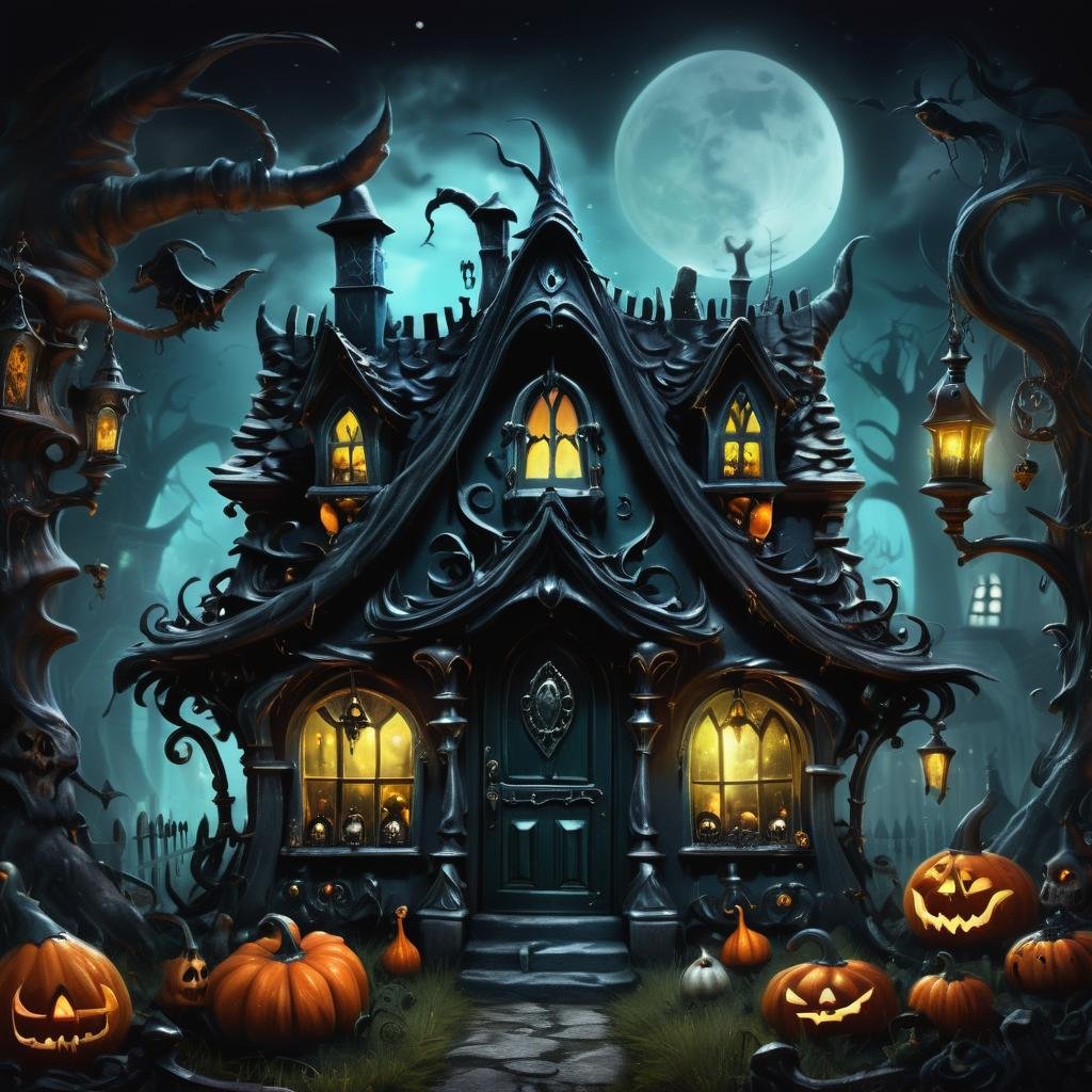 ((realistic,digital art)), (hyper detailed),h4l0w3n5l0w5tyl3DonMD4rk Witch's Cottage, Unearthly, Haunted Paintings, Candelabras, Graveyard Lanterns, Creepy Cute,   <lora:h4l0w3n5l0w5tyl3DonMD4rk-XLv1:1>