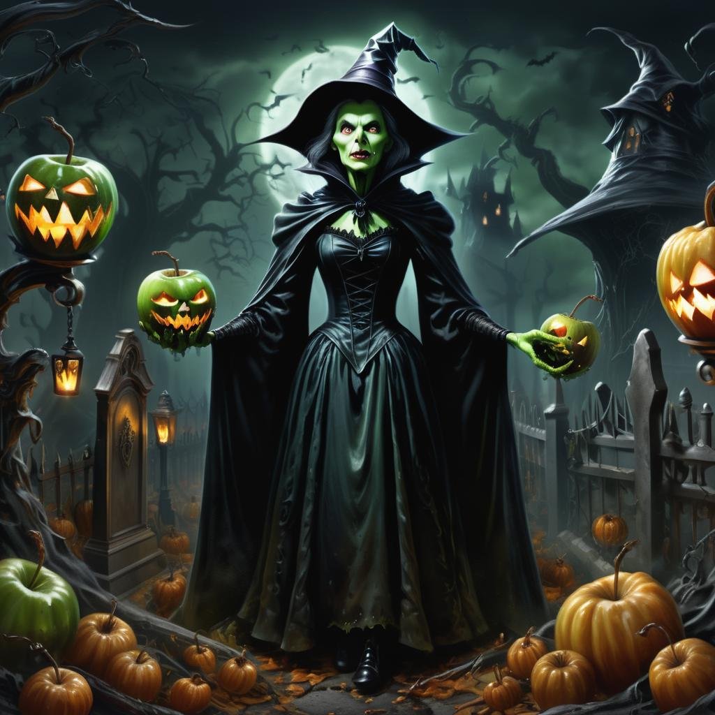 ((realistic,digital art)), (hyper detailed),h4l0w3n5l0w5tyl3DonMD4rk Wicked Witch, Suspenseful, Caramel Apples, Haunted Sconces, Tombstones,,   <lora:h4l0w3n5l0w5tyl3DonMD4rk-XLv1:1>