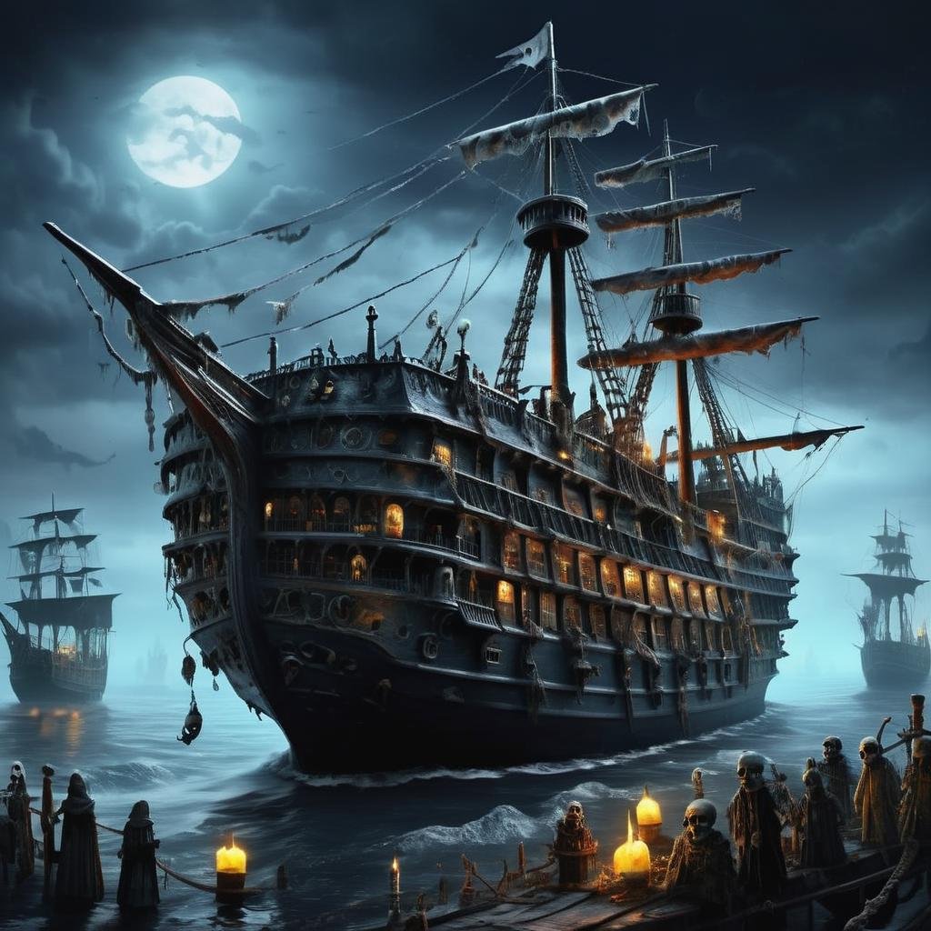 ((realistic,digital art)), (hyper detailed),h4l0w3n5l0w5tyl3DonMD4rk Ghost Ship, Chilling, Voodoo Dolls, Skulls, Creepy Candlelight, Eerie, <lora:h4l0w3n5l0w5tyl3DonMD4rk-XLv1.1:1>