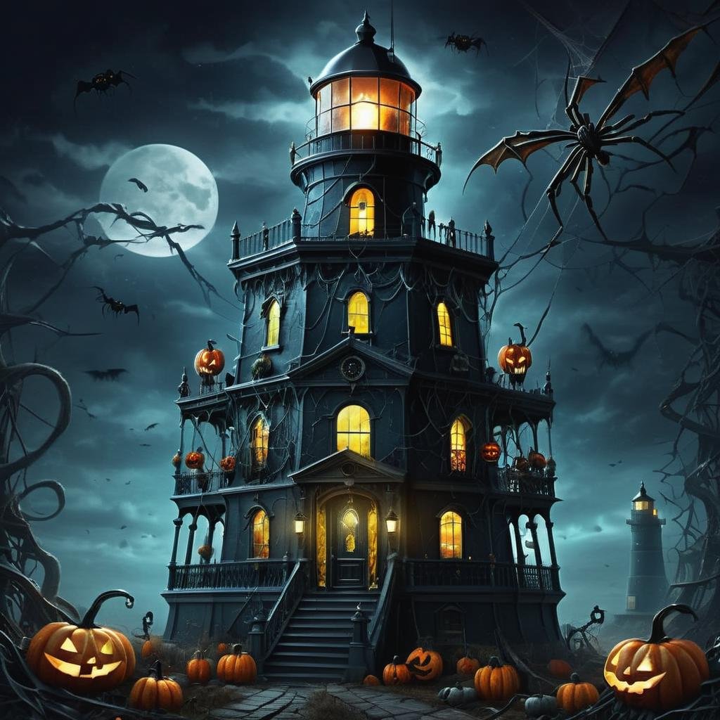 ((realistic,digital art)), (hyper detailed),h4l0w3n5l0w5tyl3DonMD4rk Spooky Lighthouse, Nightmarish, Spider Webs, Jack-o'-Lanterns, Eerie Sconces, Dark Fairytale, <lora:h4l0w3n5l0w5tyl3DonMD4rk-XLv1.1:1>