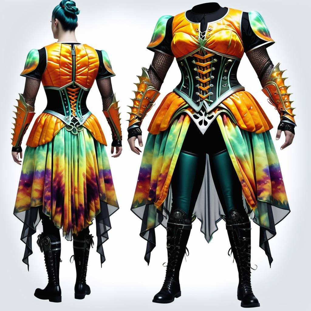 ((realistic,digital art)), (hyper detailed),h4l0w3n5l0w5tyl3DonML1gh7 upper body clothing,  Plasma-infused Mesh, Pick and Pick,,  Cutout Sleeves, Knee Length, Empire Waist,  Cutout Details,Pockets,  , lower body clothing, Holo-chiffon Chiffon, , Mithril, High-Low Hem, Natural Waist,  Slit Details,,Waistband,,Coin Pockets,,Two-Piece Set, Corset Closure,,Lace Trim,,Tie-Dye  , <lora:h4l0w3n5l0w5tyl3DonML1gh7-XLv1.2-000006:1>