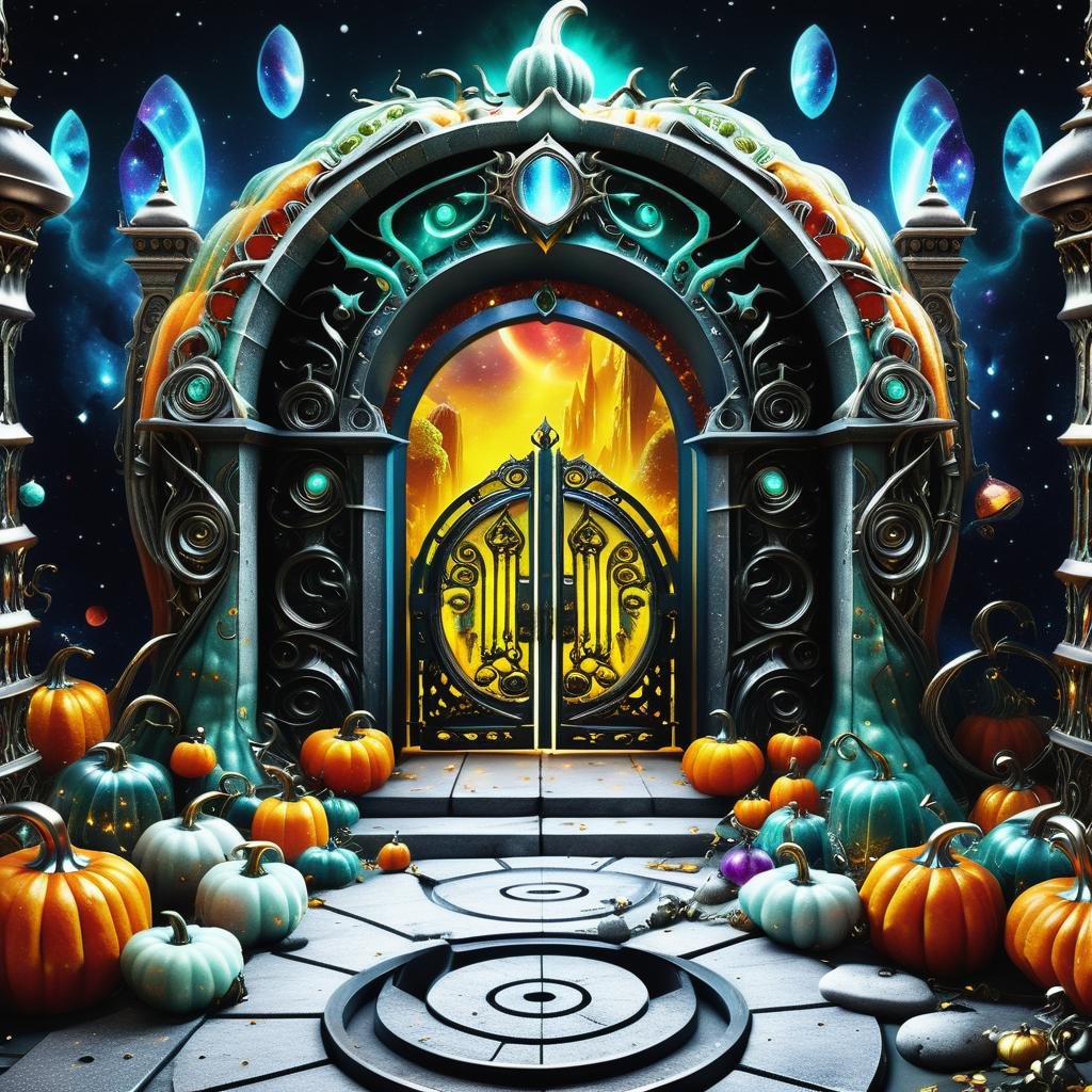 ((realistic,digital art)), (hyper detailed),h4l0w3n5l0w5tyl3DonML1gh7 Enchanted Portal Gateways, Magical Runes,Spyglass,Closet Organizers,Shoe Rack, Tapestry with Metal Threads tapestry,Laminate,Exposed Aggregate Concrete, Campfire, Floor Lamps, fantasy, <lora:h4l0w3n5l0w5tyl3DonML1gh7-XLv1.2-000006:1>