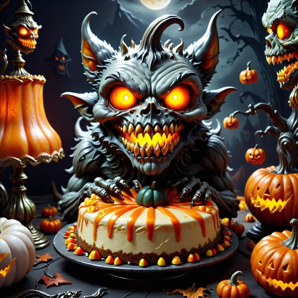 detailed, <lora:h4l0w3n5l0w5tyl3M3rg34ll-000004:1.0> h4l0w3n5l0w5tyl3M3rg34ll Werewolf, Petrifying, Candy Corn Cheesecake, Gargoyle Lamps, Pumpkin Carving,