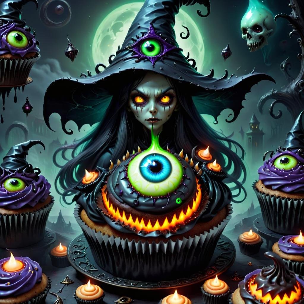 detailed, <lora:h4l0w3n5l0w5tyl3M3rg34ll-000004:1.0> h4l0w3n5l0w5tyl3M3rg34ll Dark Sorceress, Esoteric, Eyeball Cupcakes, Witch's Cauldron Glow, Coffins,