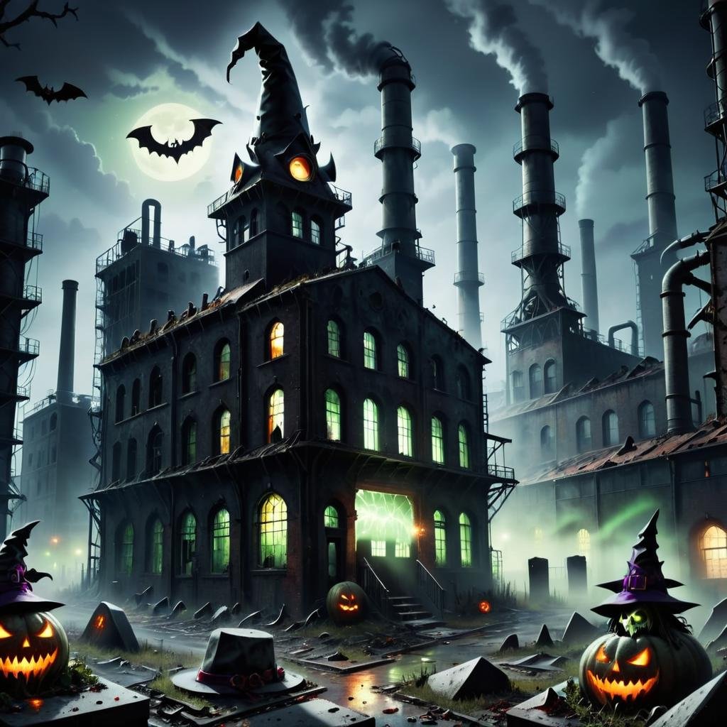 detailed, <lora:h4l0w3n5l0w5tyl3M3rg34ll-000004:1.0> h4l0w3n5l0w5tyl3M3rg34ll Abandoned Factory, Demonic, Tombstones, Bat Silhouettes, Witch's Hat Lights, Zombie Apocalypse