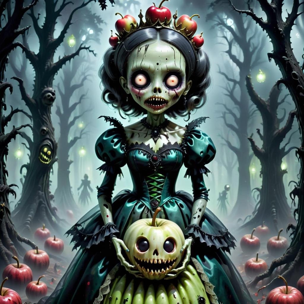 detailed, <lora:h4l0w3n5l0w5tyl3M3rg34ll-000004:1.0> h4l0w3n5l0w5tyl3M3rg34ll Esoteric Dark Fairytale Zombie Prom Queen Dark Forest Clearing Poison Apple Punch Haunted Sinister Laugh Gloom and Doom Lighting Creepy Doll Participating in Costume Parades