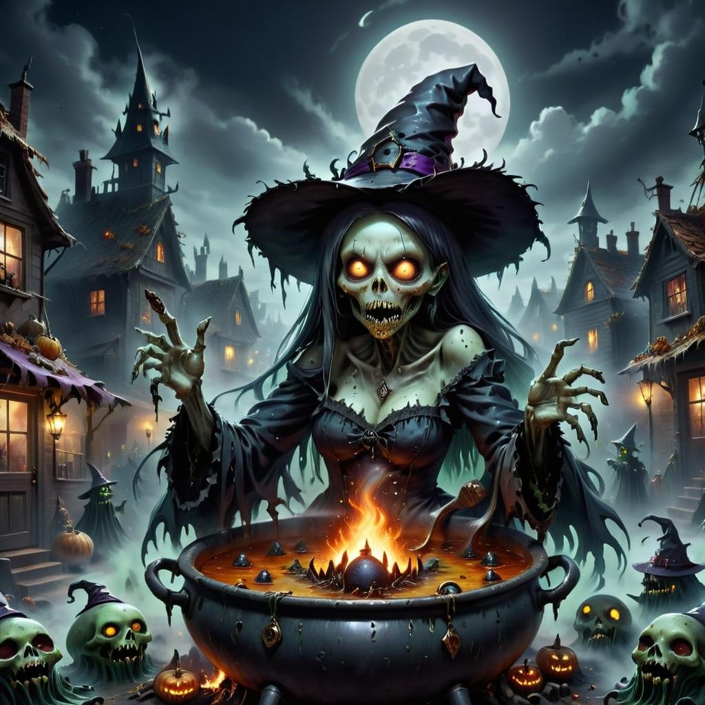 detailed, <lora:h4l0w3n5l0w5tyl3M3rg34ll-000004:1.0> h4l0w3n5l0w5tyl3M3rg34ll Whispering Dark Fantasy Ghost Zombie-infested Town Witches' Cauldron Soup Witch Hats Wicked Grin Zombie Ambiance Lighting Moonlit Night Bonfires