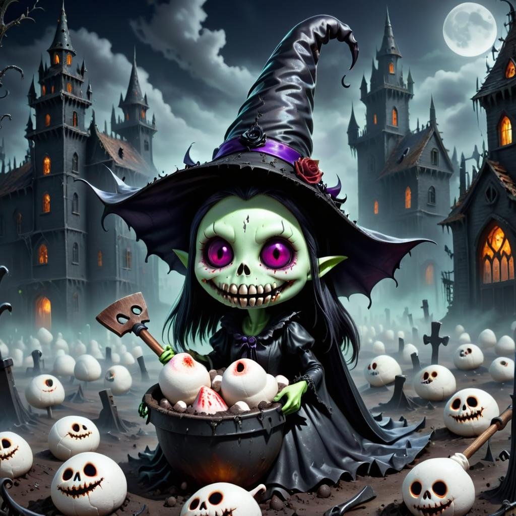 detailed, <lora:h4l0w3n5l0w5tyl3M3rg34ll-000004:1.0> h4l0w3n5l0w5tyl3M3rg34ll Cryptic Day of the Dead Gothic Vampire Abandoned Factory Ghost-shaped Marshmallows Witch Hats Maleficent Smirk Moonlit Castle Grave Digger's Shovel Ghost Tours