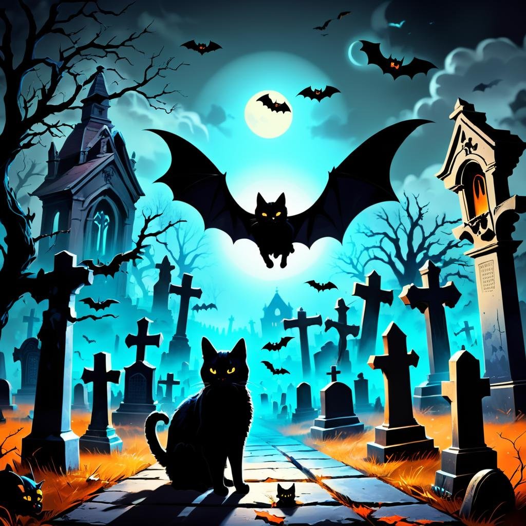 Forgotten Cemetery, Spellbinding, Ghosts, Black Cats, Bats in Flight, Vintage Horror