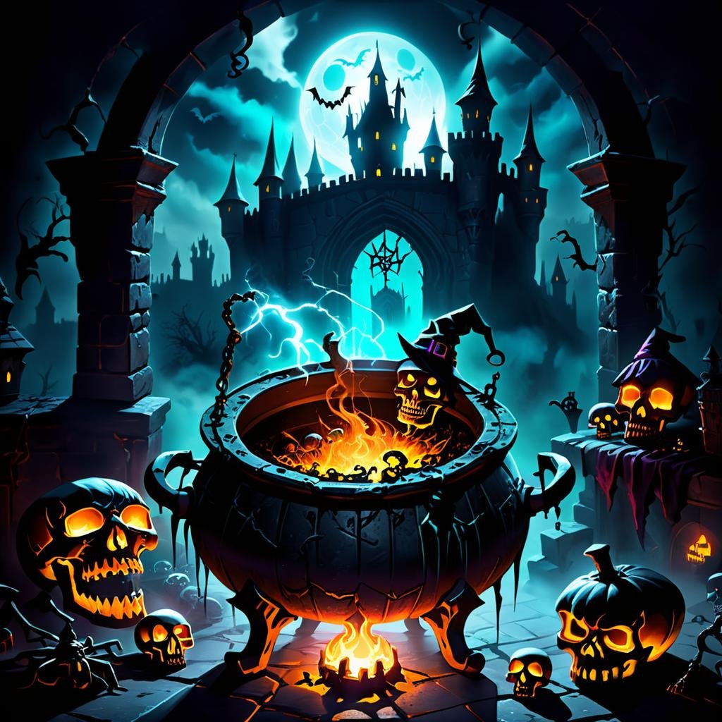 Spooky Castle, Misty, Cobwebs, Skulls, Witch's Cauldron Glow, Fantasy Horror