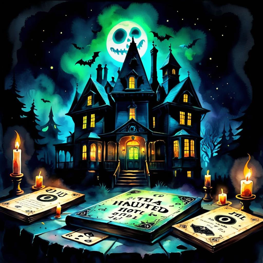 Haunted Hotel, Unearthly, Ouija Boards, Spellbook, Ephemeral Glow, Dark Watercolor