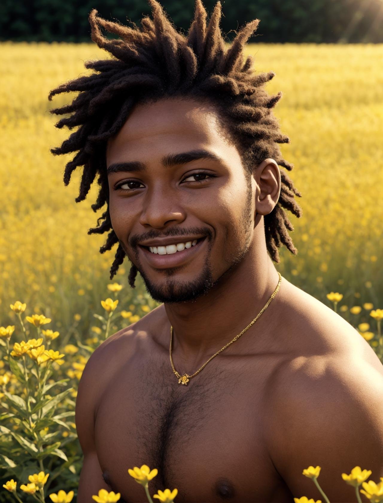 1boy, african descent, close up face shot, in a field of flowers, golden lights, big smile, flower in hair, looking over shoulder