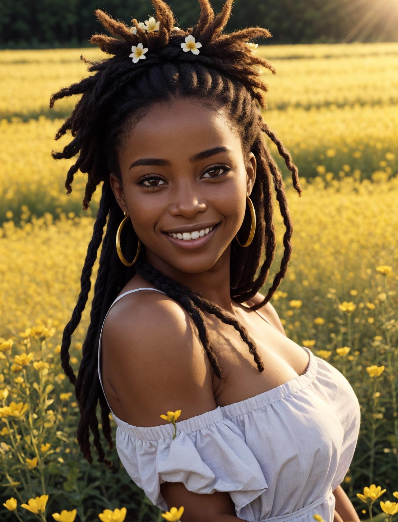 1girl, african descent, close up face shot, in a field of flowers, golden lights, big smile, flower in hair, looking over shoulder