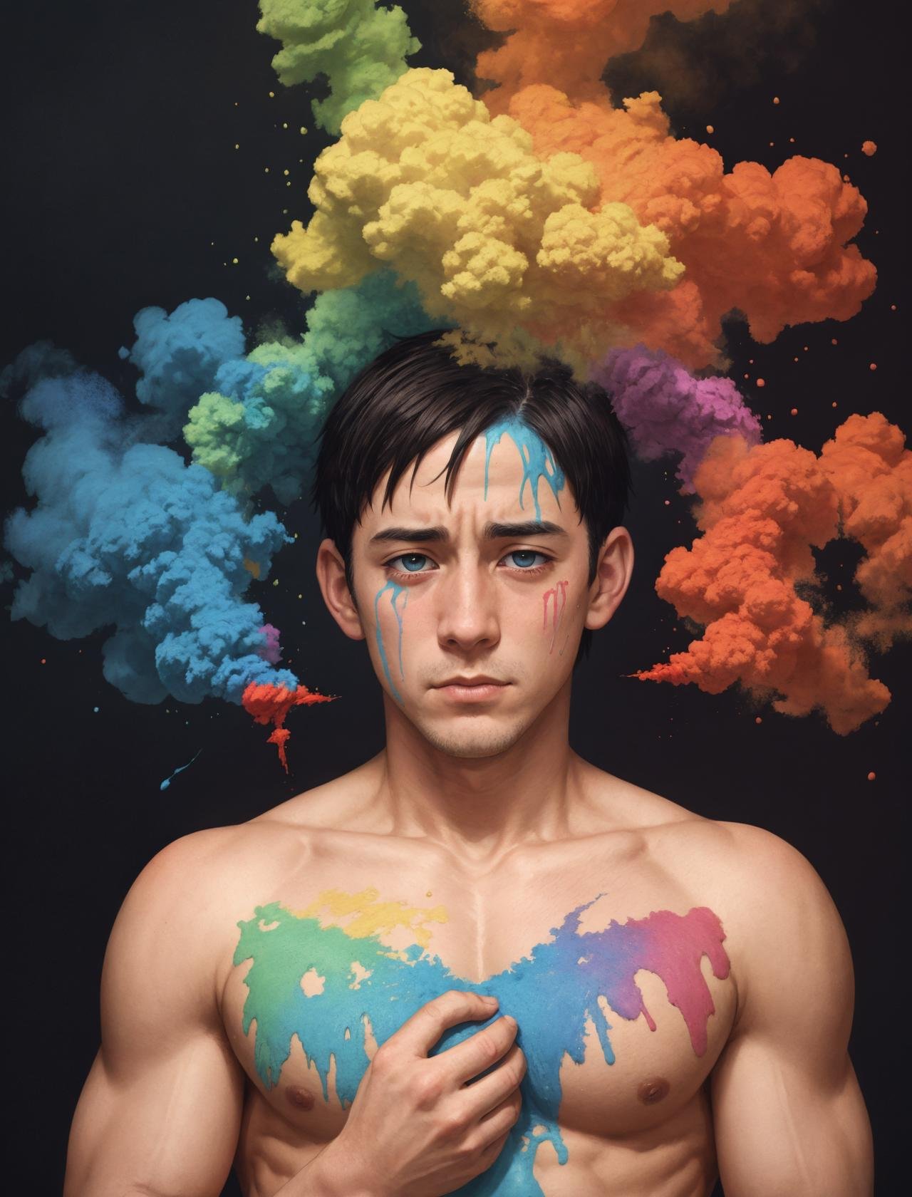 1boy, in the style of (anime, norman rockwell:0.5), sad, eyes downcast, holding self, covered in rainbow paints and powder, rainbow smoke surround the entire scene
