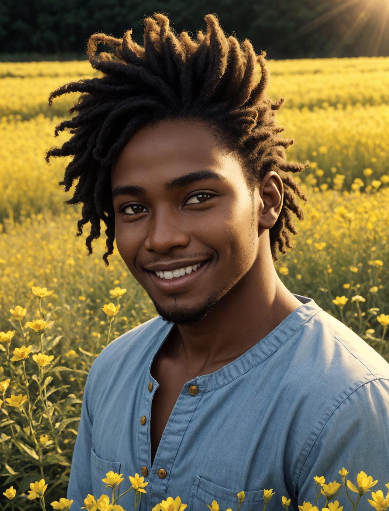 1boy, african descent, close up face shot, in a field of flowers, golden lights, big smile, flower in hair, looking over shoulder
