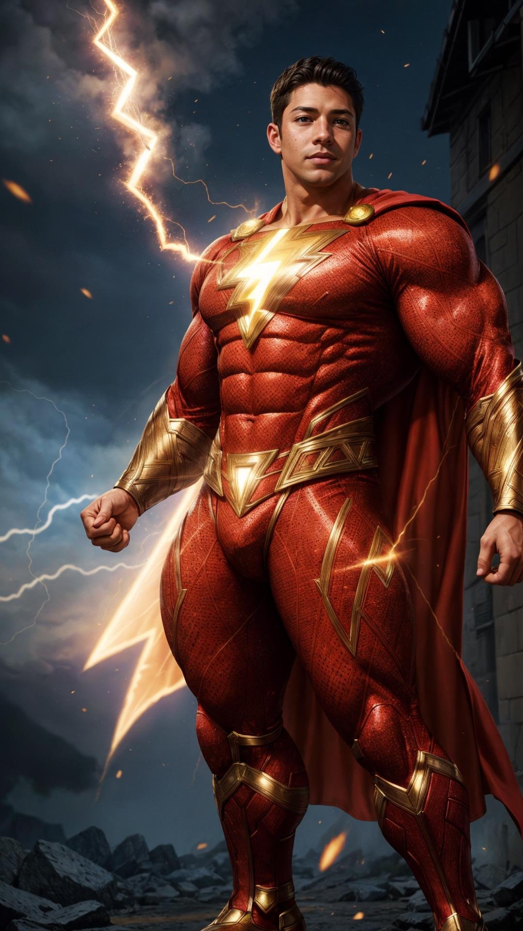(GS-Masculine:1), (1boy), hero pose, tan glowing skin, freckles, depth of field, dynamic angles, <lora:more_details:0.5>, <lora:Shazamsuit_Lora_v1:0.3>, shazamsuit, cape, electricity power flowing through his body, unbridled strength and power ready to be released
