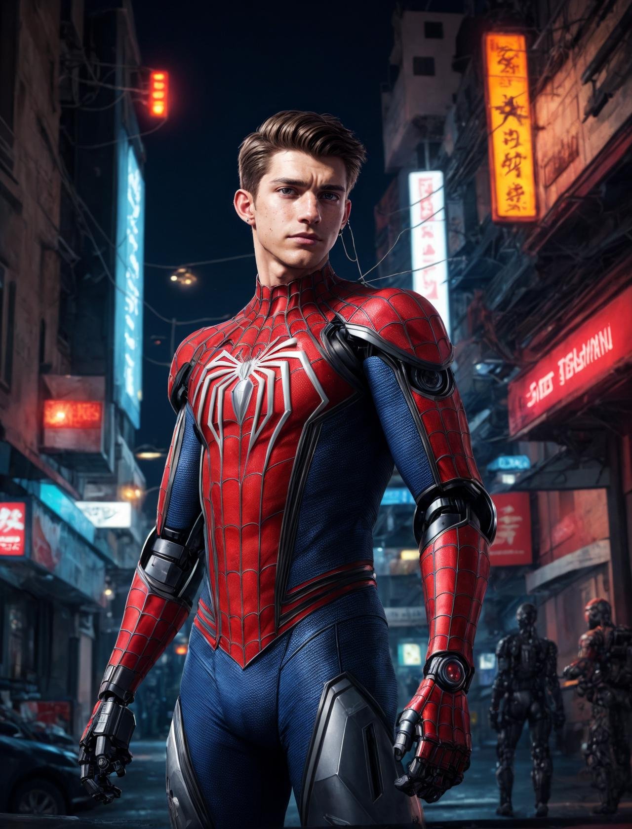 (GS-Masculine:1), (1boy), close up shot, Very detailed young handsome face, heroic, detailed realistic open eyes, vascular, wide shoulders, short midsection, detailed hands, tan glowing skin, freckles, depth of field, dynamic angles, (spiderman), tom holland, andrew  garfield, tobey maguire, (cyberpunk style:1.2), piercings, neo cyberpunk city, plastic vest, light ripped pants, combat gear, police officer, (robotic arms:1.2), robotic hands, neon lights, city street at night, street lights, sci fi world, gadgets, power cells, cybernetics, (best quality:1.2), <lora:more_details:0.5>