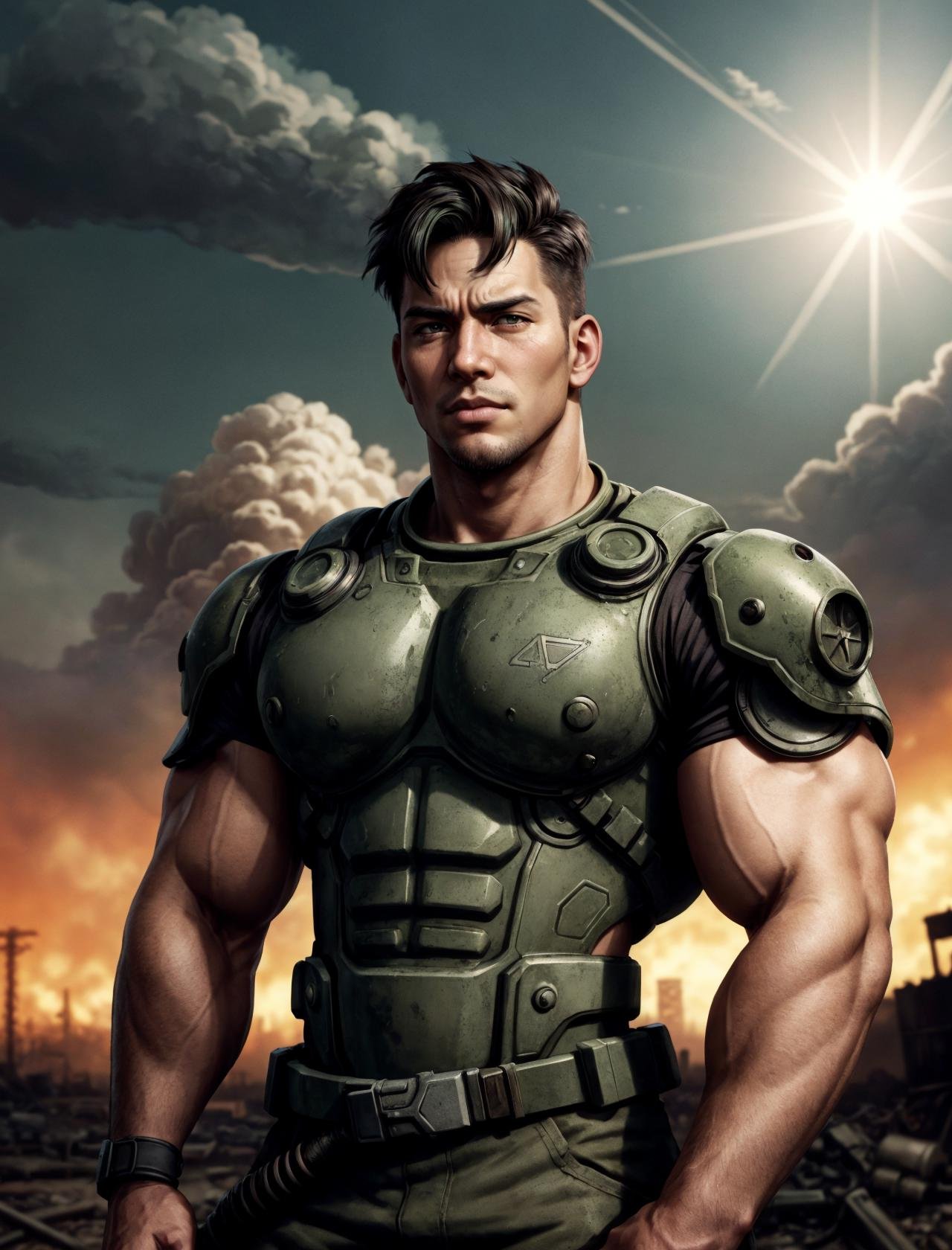 1boy, in the style of (normal rockwell), anime style, close up face shot, fallout, nuclear wasteland, muscular male,  hazy foul dark green skies, <lora:more_details:0.5>