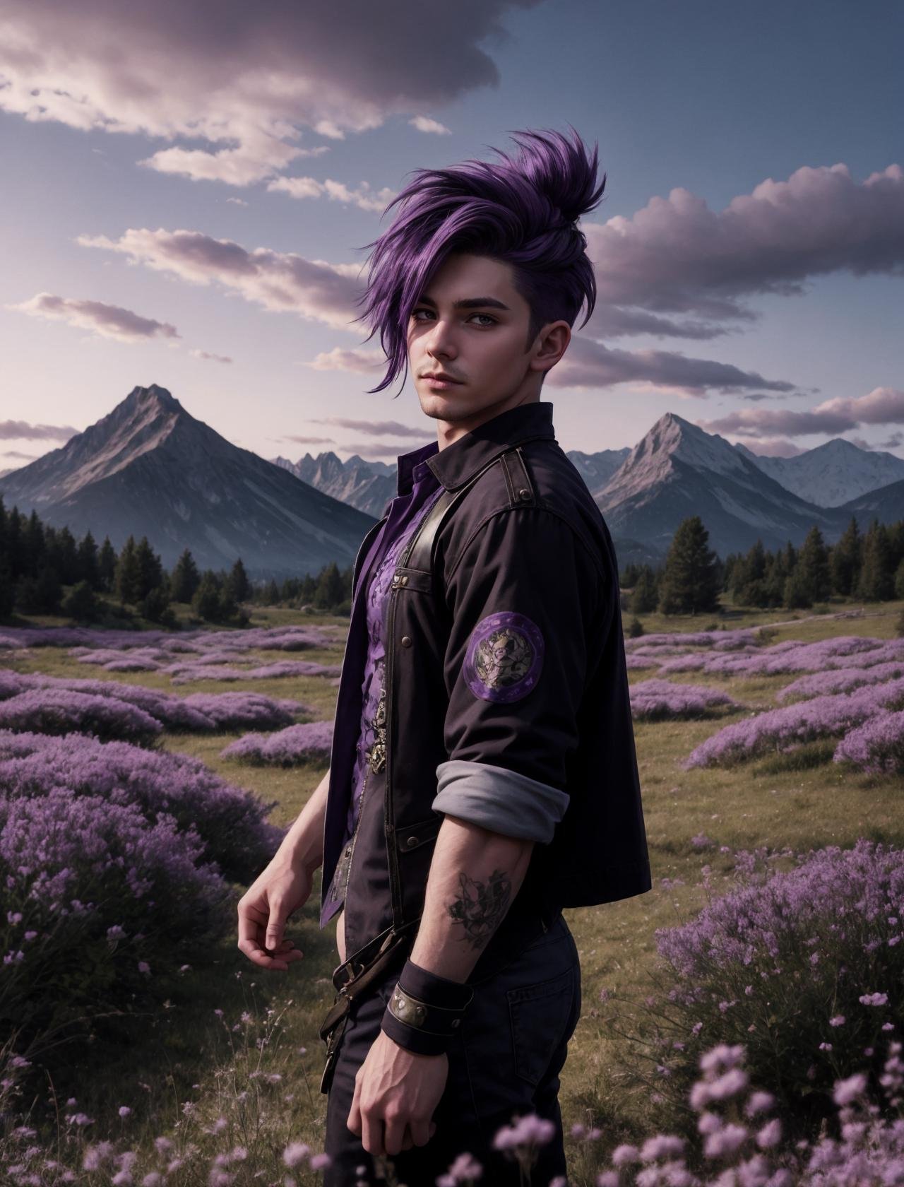 1boy, close up shot, in the style of (anime, normal rockwell:-0.5), a dark and twisted meadow in wonderland, fairytale, purple skies, mountains in the sky, edgy punk attire, muscular