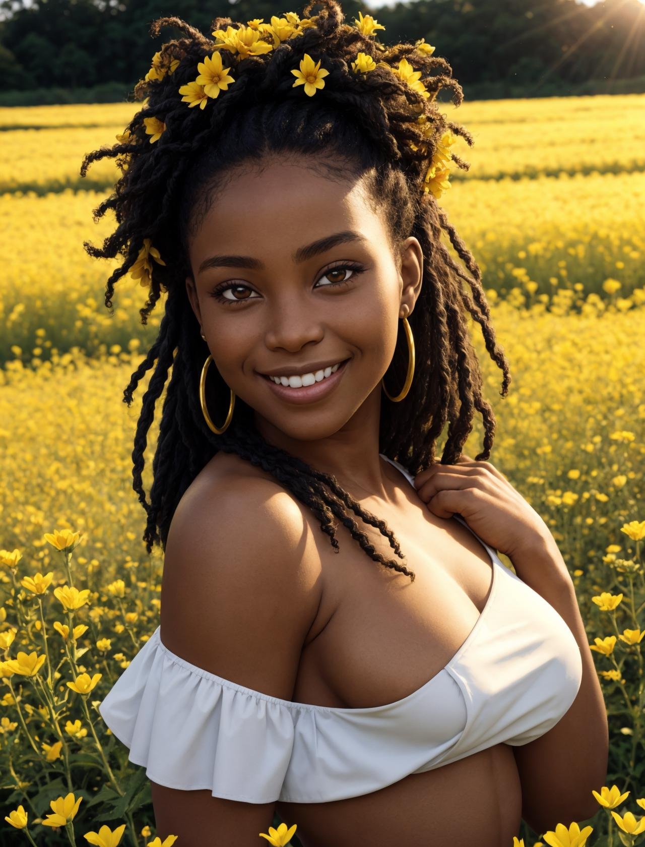 1girl, african descent, close up face shot, in a field of flowers, golden lights, big smile, flower in hair, looking over shoulder