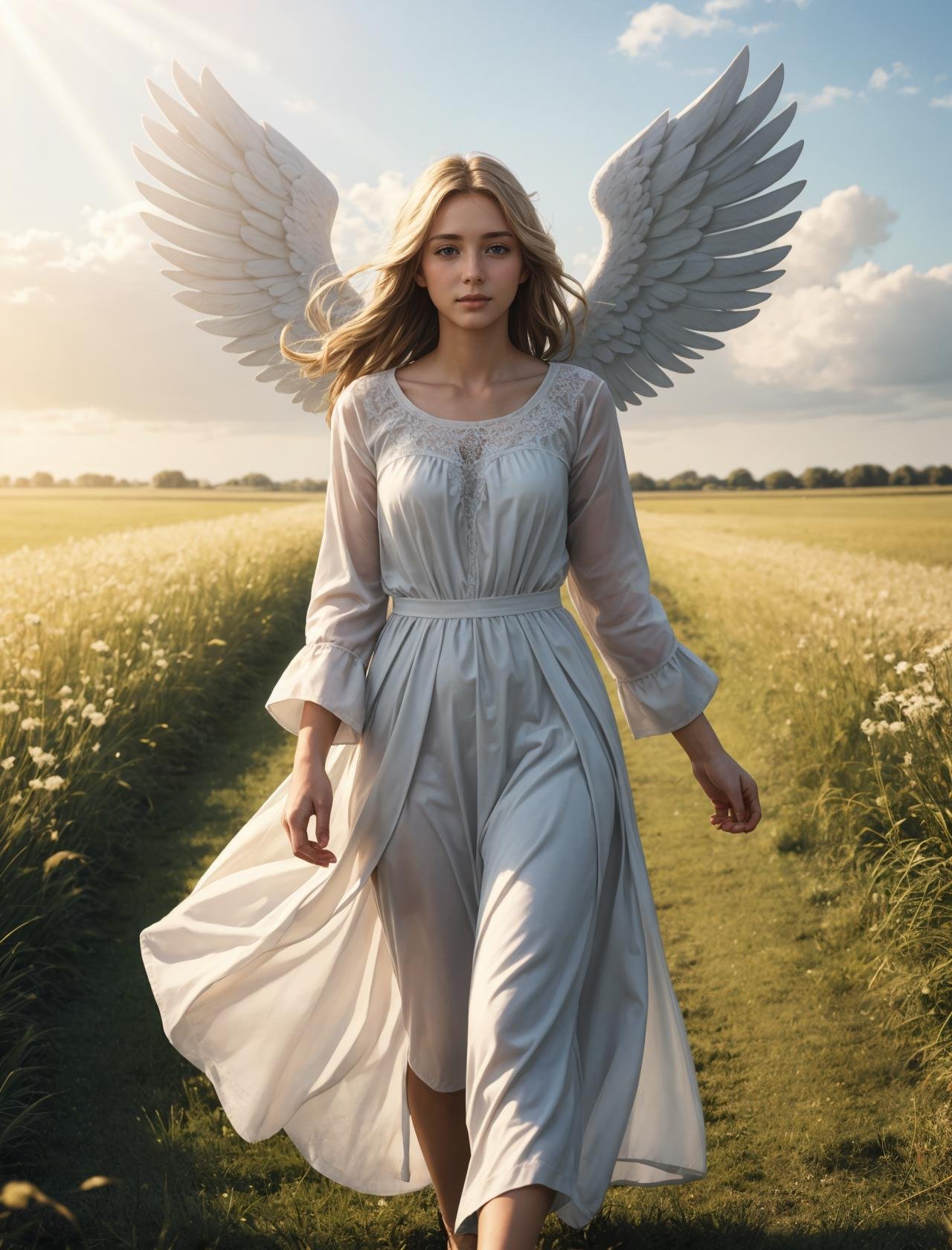 1girl, a beautiful angel walking down a field, wind blowing as a holy radiant light beams down