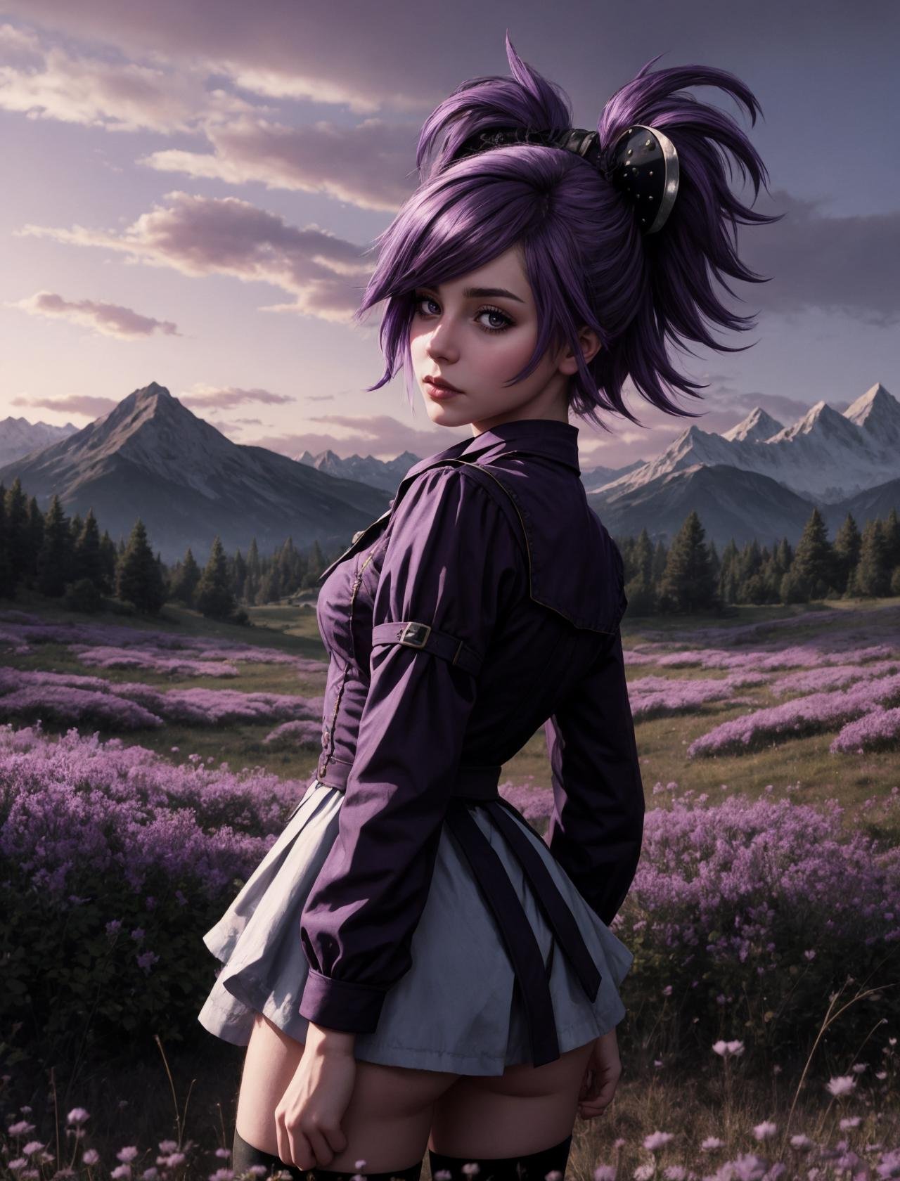 1girl, close up shot, in the style of (anime, normal rockwell:-0.5), a dark and twisted meadow in wonderland, fairytale, purple skies, mountains in the sky, edgy punk attire
