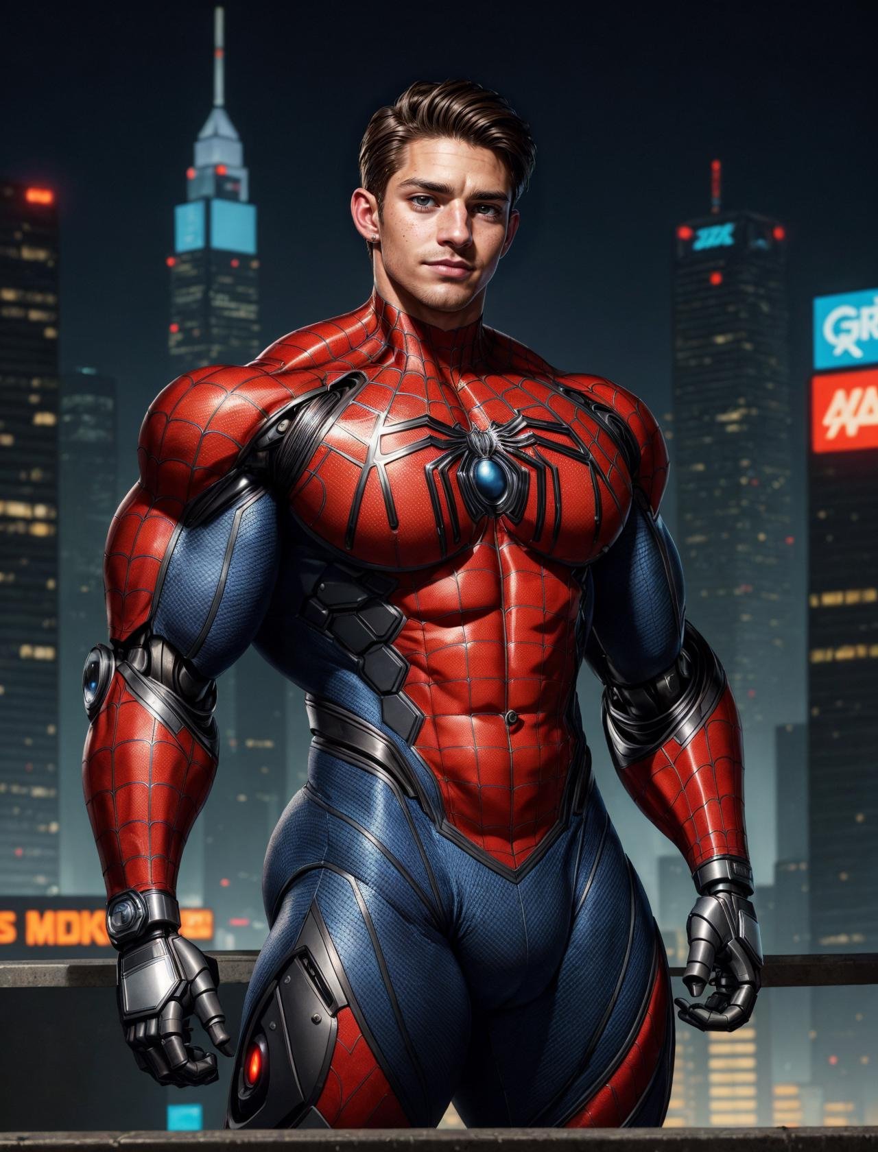 (GS-Masculine:1), (1boy), close up shot, Very detailed young handsome face, heroic, detailed realistic open eyes, (massive bodybuilder:1.5), vascular, wide shoulders, short midsection, detailed hands, tan glowing skin, freckles, depth of field, dynamic angles, (spiderman), tom holland, andrew garfield, tobey maguire, (cyberpunk style:1.2), piercings, neo cyberpunk city, combat gear, police officer, (robotic arms:1.2), robotic hands, neon lights, sitting on a stoop in the city at night, sci fi world, gadgets, power cells, cybernetics, (best quality:1.2), <lora:more_details:0.5>