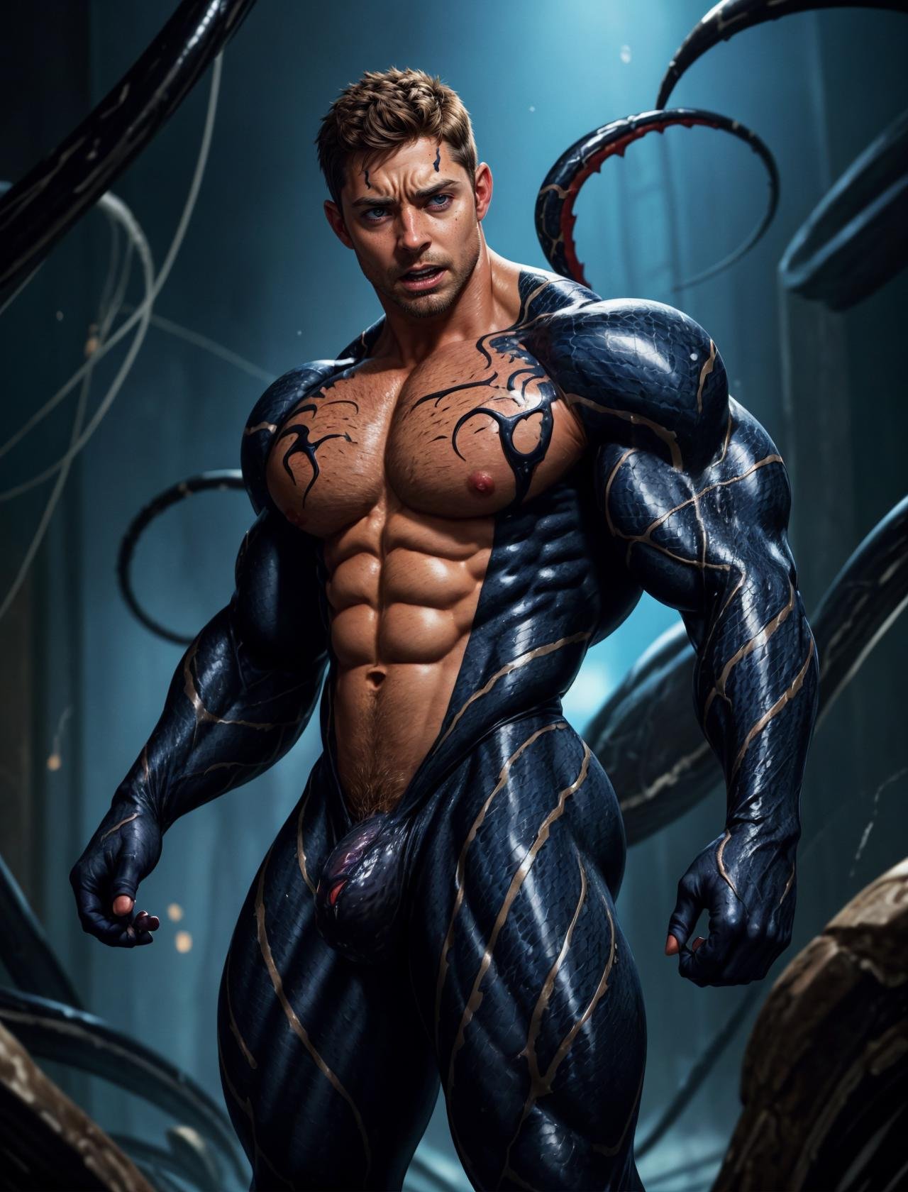 (GS-Masculine:1), (1boy), leaning forward, pain and panic, screaming, tan glowing skin, freckles, depth of field, dynamic angles, <lora:more_details:0.5>, <lora:Venom_0.0.1:0.1>, (venom), venom absorbing 1man, (absorbing), black suit, symbiote, topher grace, eddy brock, black tendrils tentacles, claws