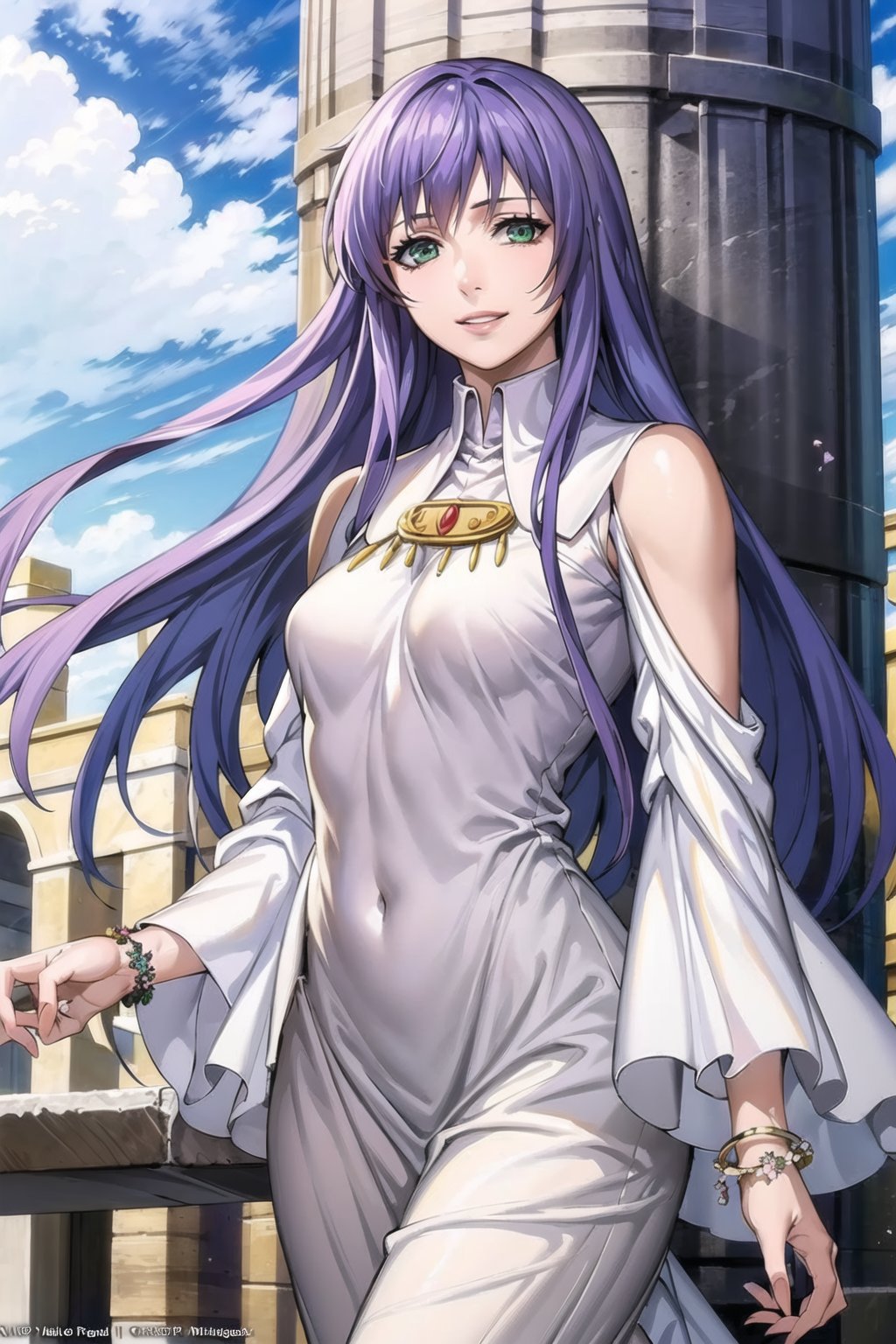 ((best quality)), ((highly detailed)), masterpiece, ((official art)), looking at viewer,sasha, purple hair, long hair, green eyes, floating_hair, smile, lips, white dress, bare_shoulder, white dress, long sleeves, long dress, jewelry, bracelet, clothing cutout,  shoulder cutout, ,best quality, masterpiece, intricate details, scenary, outdoors, flower, pillar, column, day, cloud,trending on Artstation