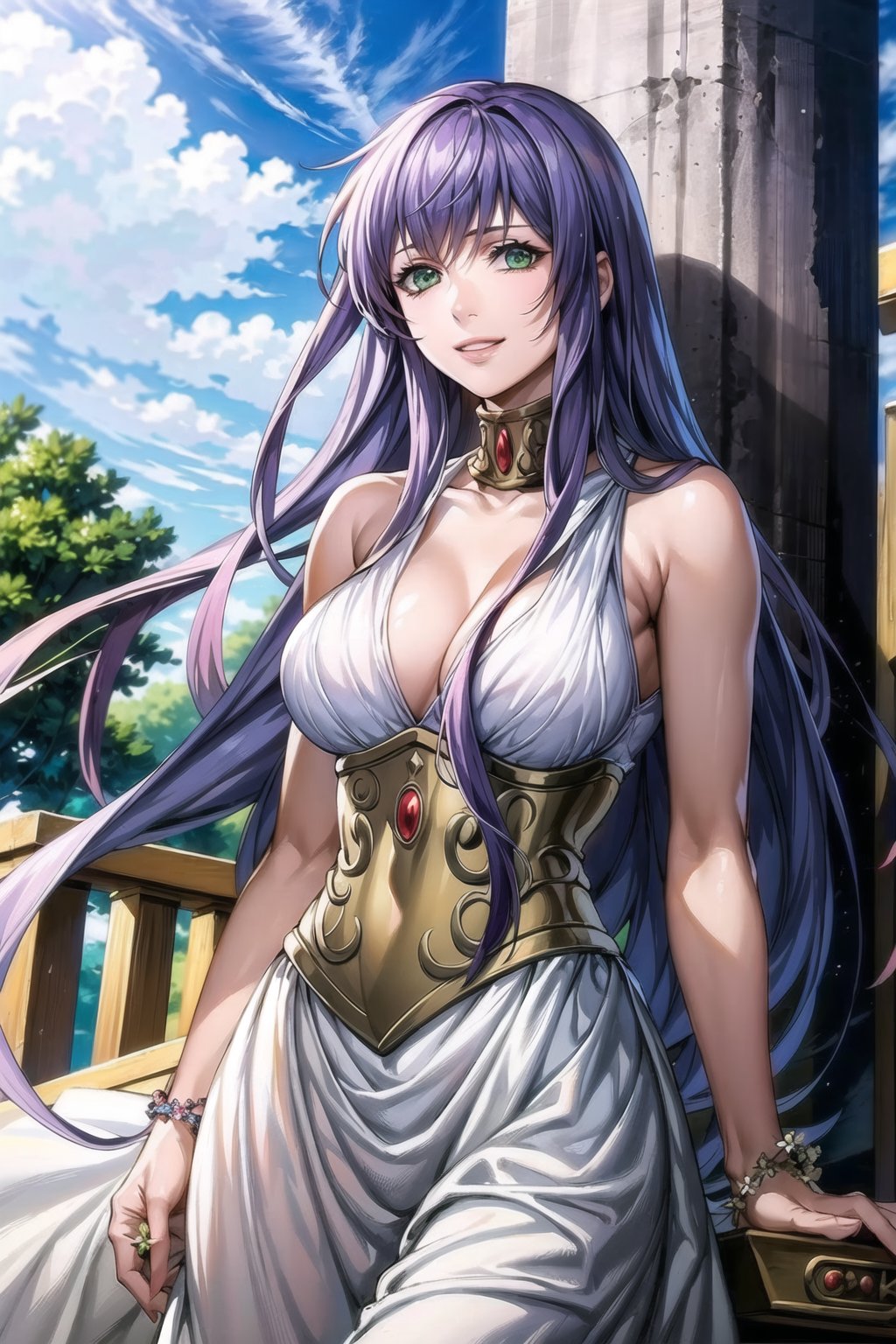 ((best quality)), ((highly detailed)), masterpiece, ((official art)), sasha, purple hair, long hair, (cowboy shot), green eyes, floating_hair, smile, lips, white dress, long dress ,sleeveless, bare, bare_shoulder, cleavage, collarbone, golden accesories ,best quality, masterpiece, intricate details, scenary, outdoors, flower, tree, day, cloud,trending on Artstation,sasha