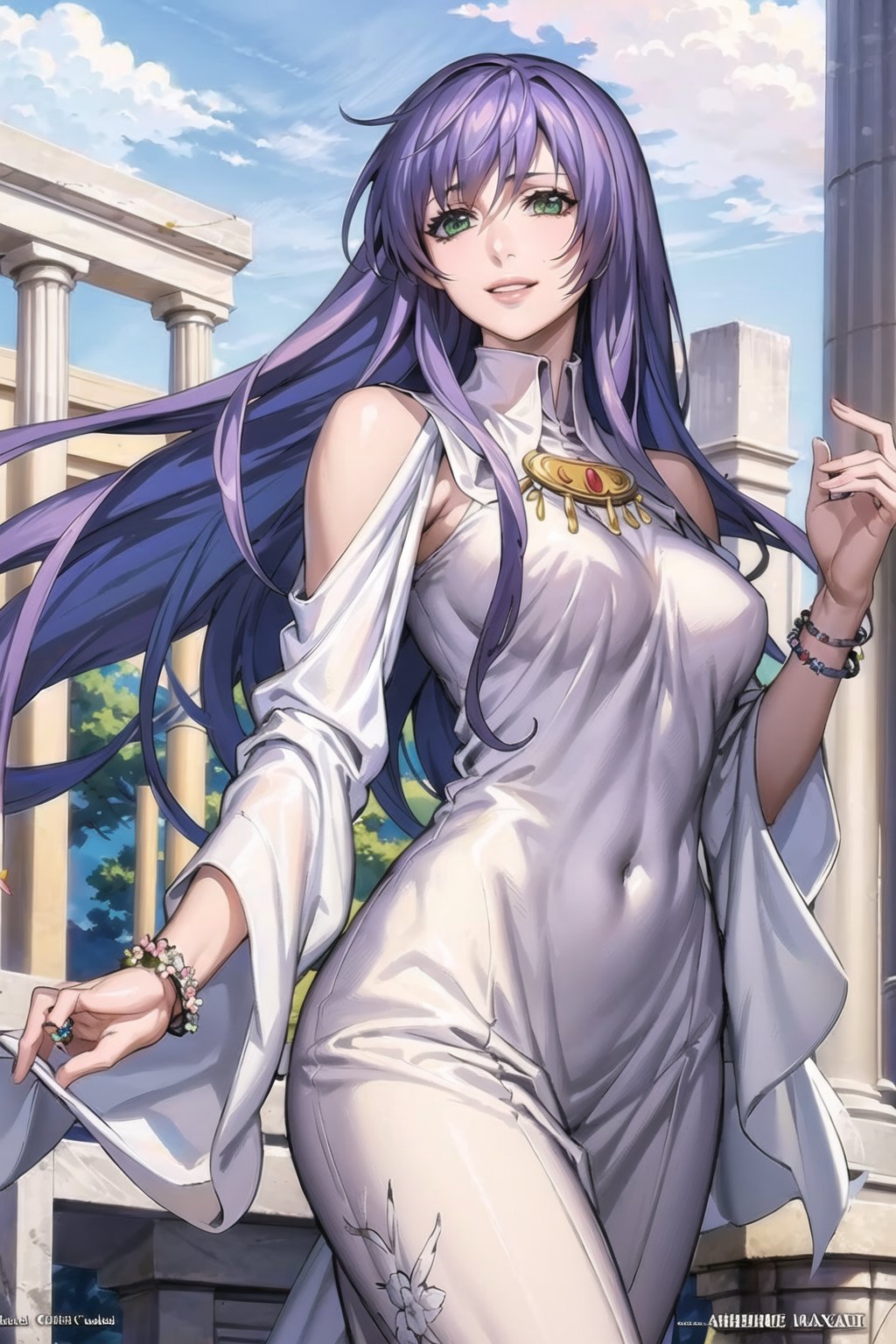 ((best quality)), ((highly detailed)), masterpiece, ((official art)), sasha, purple hair, long hair, green eyes, floating_hair, smile, lips, white dress, bare_shoulder, white dress, long sleeves, long dress, jewelry, bracelet, clothing cutout,  shoulder cutout, ,best quality, masterpiece, intricate details, scenary, outdoors, flower, pillar, column, day, cloud,trending on Artstation