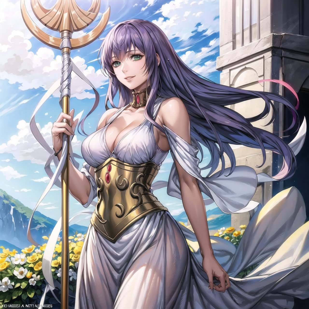 ((best quality)), ((highly detailed)), masterpiece, ((official art)), sasha, purple hair, long hair, (cowboy shot), green eyes, floating_hair, (staff), holding staff, (pose), smile, lips, white dress, long dress ,sleeveless, bare, bare_shoulder, cleavage, collarbone, golden accesories ,best quality, masterpiece, intricate details, scenary, outdoors, flower, tree, day, cloud,trending on Artstation,sasha