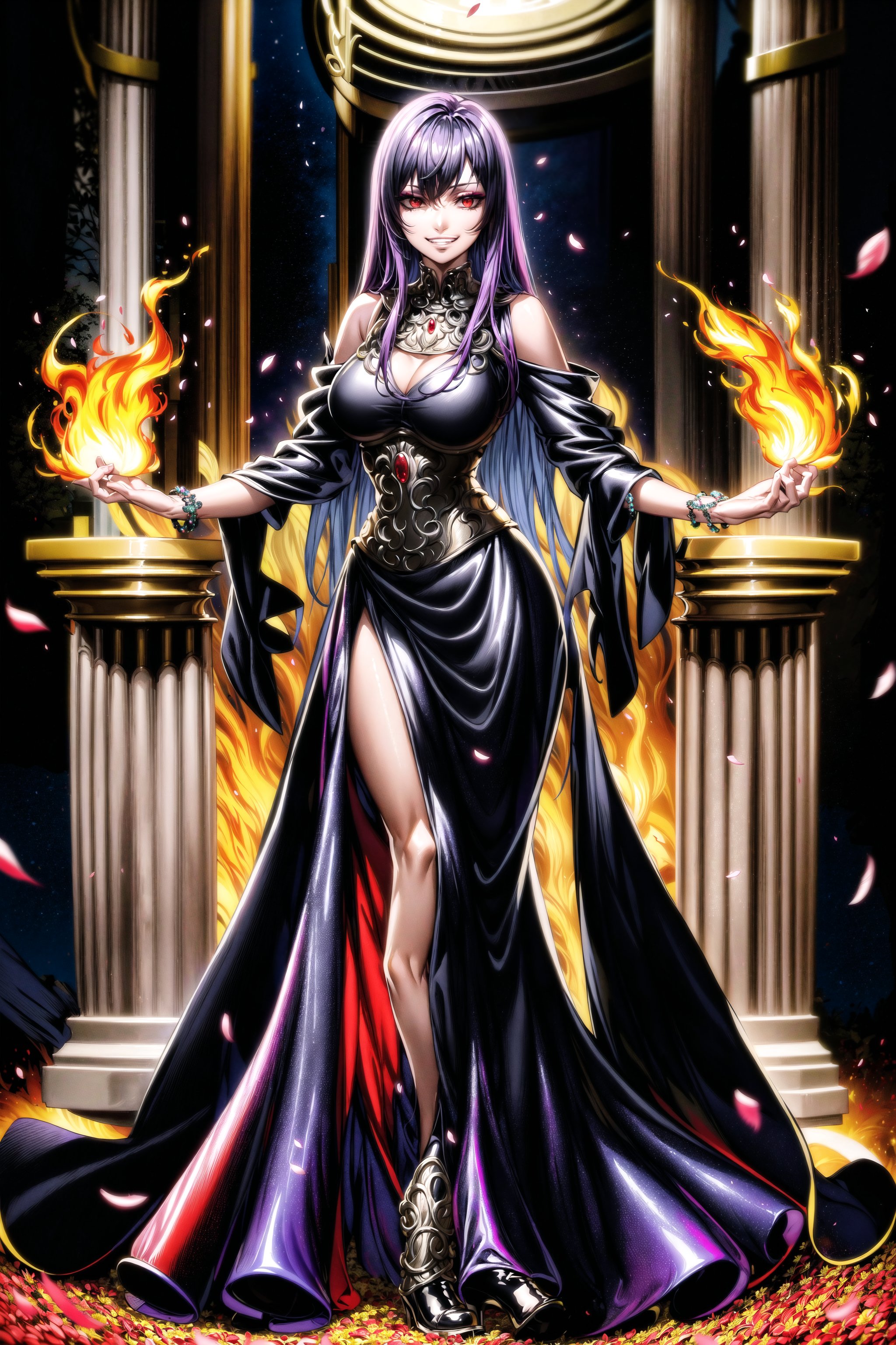 ((best quality)), ((highly detailed)), masterpiece, ((official art)), looking at viewer,sasha, purple hair, long hair, ((red eyes)), floating_hair, ((evil grin)), smirk, ((lips)), (jewlery:1.2), (pose:1.2), beautiful woman with heavy makeup, (pale skin:1.3),((black dress:1.5)),(red dress), (corset), (latex:1.3),wide sleeves, bare_shoulder, very high heels, black heels,long sleeves, long dress, jewelry, bracelet, clothing cutout,  shoulder cutout, ,best quality, masterpiece, intricate details, scenary, outdoors, flower, pillar, (fire), petals, column,night, monn, (darkness),trending on Artstation