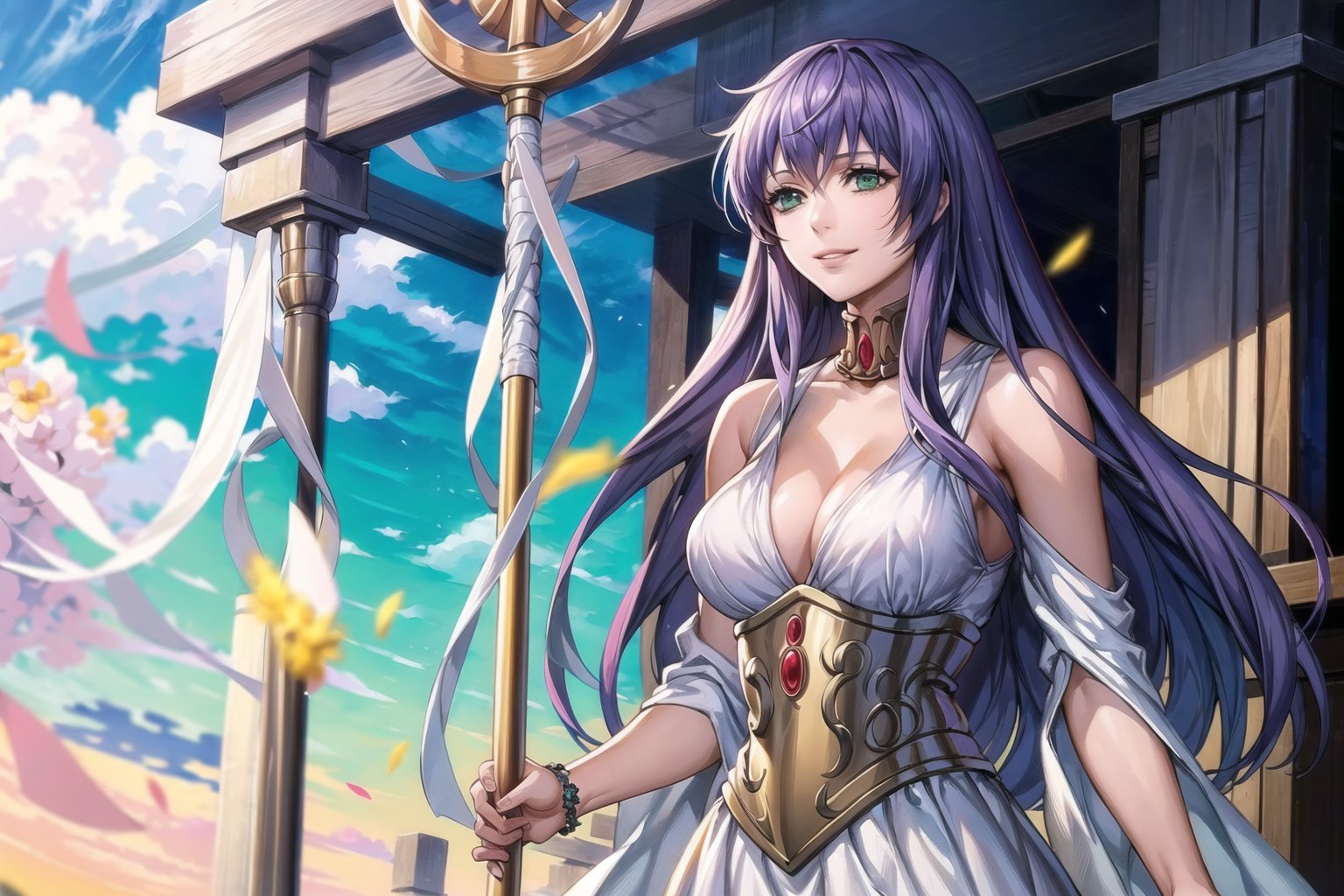 ((best quality)), ((highly detailed)), masterpiece, ((official art)), sasha, purple hair, long hair, (cowboy shot), green eyes, floating_hair, (staff), holding staff, smile, lips, white dress, long dress ,sleeveless, bare, bare_shoulder, cleavage, collarbone, golden accesories ,best quality, masterpiece, intricate details, scenary, outdoors, flower, tree, day, cloud,trending on Artstation,sasha