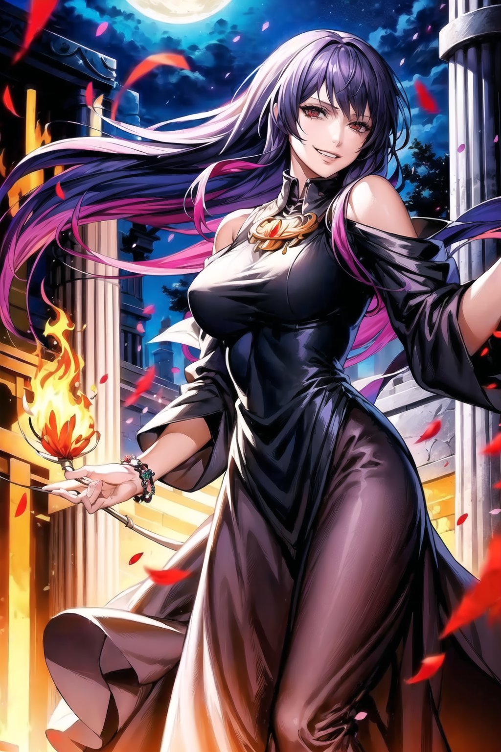 ((best quality)), ((highly detailed)), masterpiece, ((official art)), looking at viewer,sasha, purple hair, long hair, gradient hair, multicolored hair, (red hair), ((red eyes)), floating_hair, ((evil grin)), smirk, ((lips)), (jewlery:1.2), (pose:1.2), ((black dress:1.5)),(red dress), wide sleeves, bare_shoulder, long sleeves, long dress, jewelry, bracelet, clothing cutout,  shoulder cutout, ,best quality, masterpiece, intricate details, scenary, outdoors, flower, pillar, (fire), petals, column,night, monn, (darkness),trending on Artstation