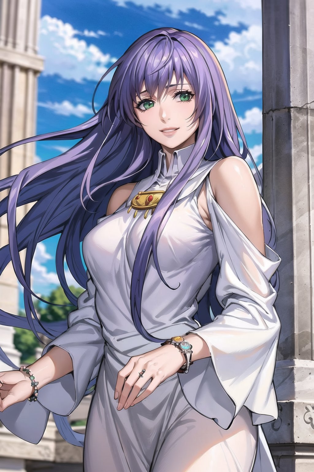 ((best quality)), ((highly detailed)), masterpiece, ((official art)), looking at viewer,sasha, purple hair, long hair, green eyes, floating_hair, smile, lips, white dress, wide sleeves, bare_shoulder, white dress, long sleeves, long dress, jewelry, bracelet, clothing cutout,  shoulder cutout, ,best quality, masterpiece, intricate details, scenary, outdoors, flower, pillar, column, day, cloud,trending on Artstation