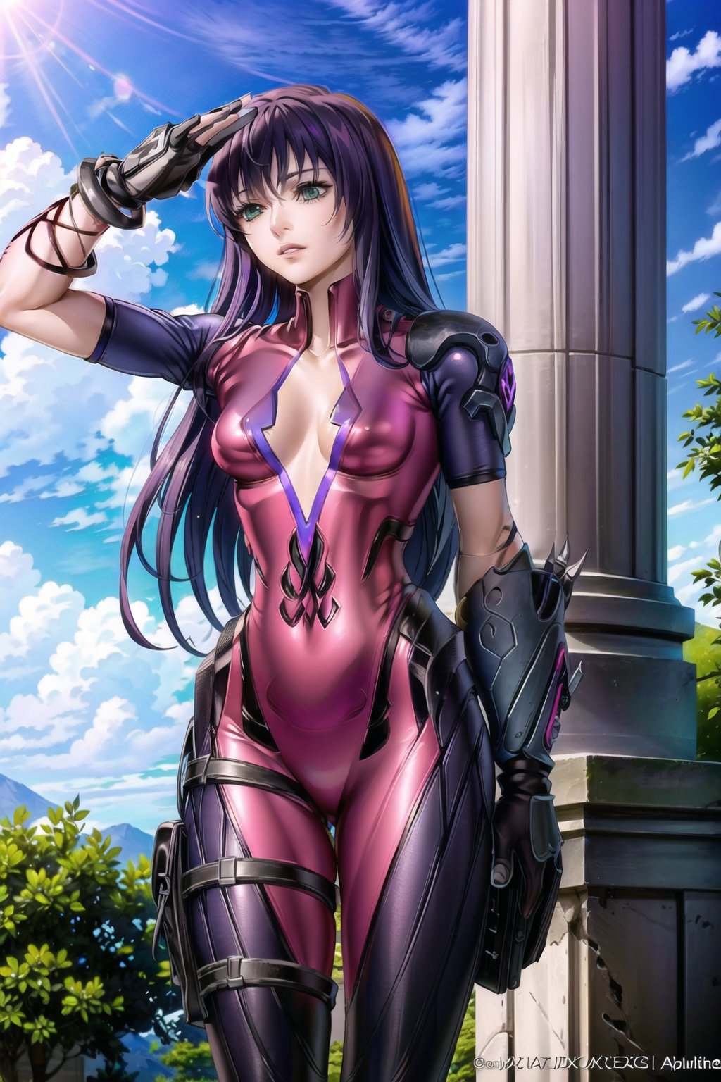 ((best quality)), ((highly detailed)), masterpiece, ((official art)), sasha, purple hair, long hair, green eyes,  lips, parted_lips, salute,  (arms at sides:1.2), (widowsuit:1.2), medium breasts, tattoo, (arm tattoo:1.2) ,pose, best quality, masterpiece, intricate details, scenary, outdoors, flower, pillar, column, day, cloud, trending on Artstation, thigh gap,  black gloves,sasha