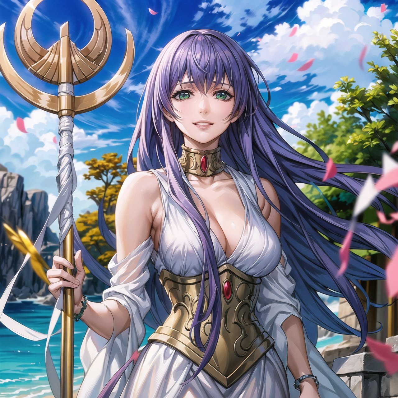 ((best quality)), ((highly detailed)), masterpiece, ((official art)), sasha, purple hair, long hair, (cowboy shot), green eyes, floating_hair, (staff), holding staff, smile, lips, white dress, long dress ,sleeveless, bare, bare_shoulder, cleavage, collarbone, golden accesories ,best quality, masterpiece, intricate details, scenary, outdoors, flower, tree, day, cloud,trending on Artstation,sasha