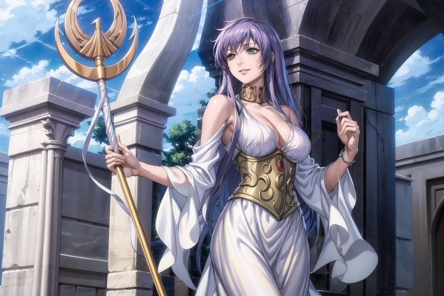 ((best quality)), ((highly detailed)), masterpiece, ((official art)), sasha, purple hair, long hair, (cowboy shot), green eyes, floating_hair, (staff), holding staff, (pose), smile, lips, white dress, long dress ,sleeveless, bare, bare_shoulder, cleavage, collarbone, golden accesories ,best quality, masterpiece, intricate details, scenary, outdoors, flower, tree, day, cloud,trending on Artstation,sasha