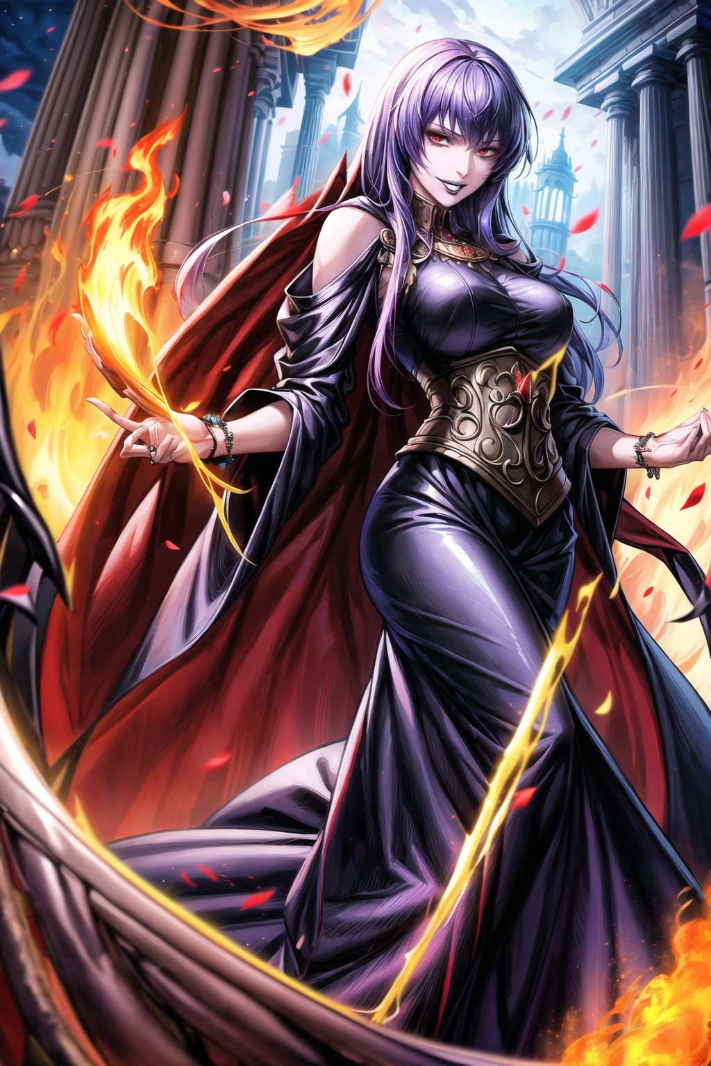 ((best quality)), ((highly detailed)), masterpiece, ((official art)), looking at viewer,sasha, purple hair, long hair, ((red eyes)), floating_hair, ((evil grin)), smirk, (black lips:1.4),((lips)), (cape:1.3),(jewlery:1.2), (pose:1.2), beautiful woman with heavy makeup, (pale skin:1.3),((black dress:1.5)),(red dress), (corset), (latex:1.5),wide sleeves, bare_shoulder, (cowboy shot),long sleeves, long dress, jewelry, bracelet, clothing cutout,  shoulder cutout, ,best quality, masterpiece, intricate details, scenary, outdoors, flower, pillar, (fire), petals, column,night, monn, (darkness),trending on Artstation