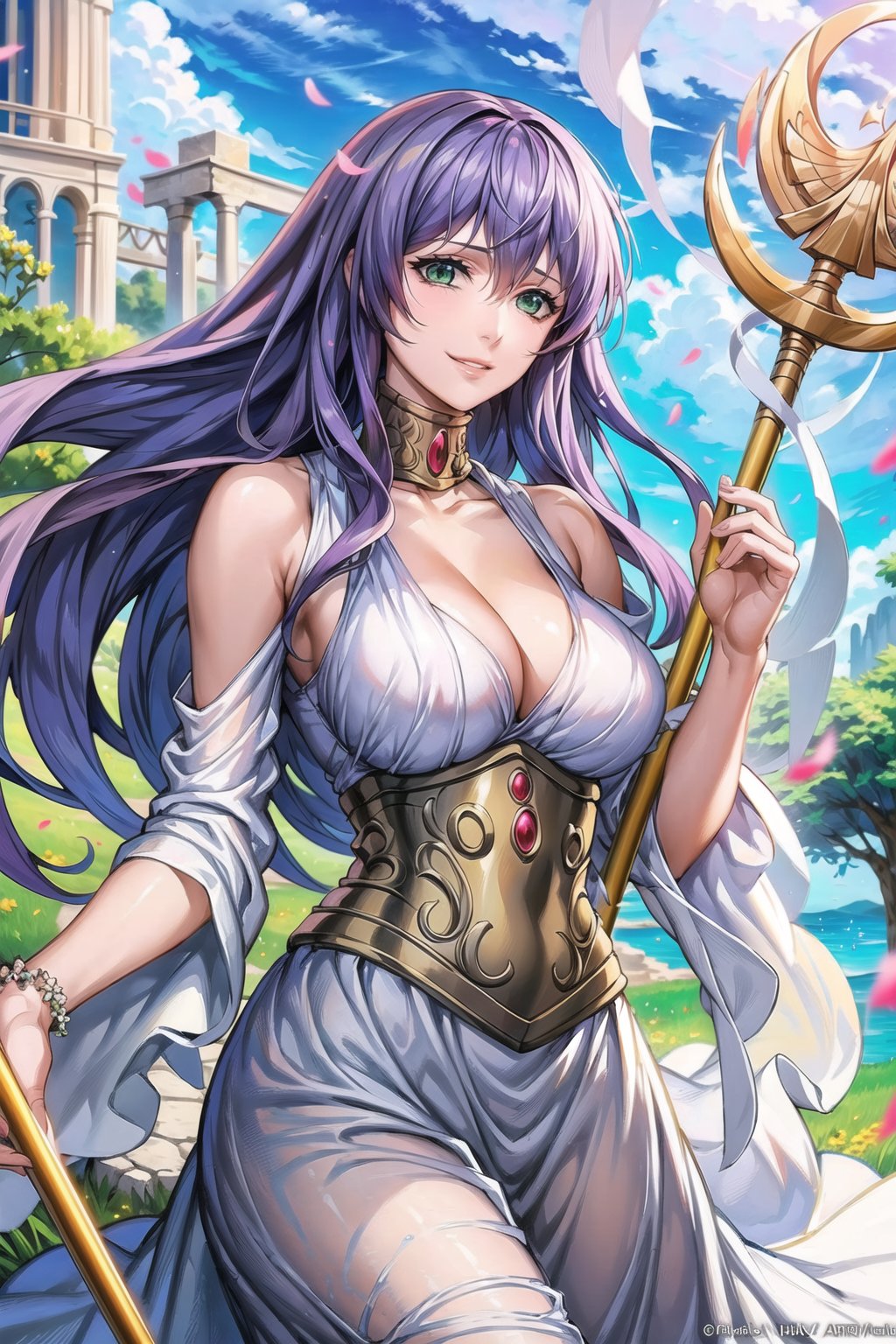 ((best quality)), ((highly detailed)), masterpiece, ((official art)), sasha, purple hair, long hair, (cowboy shot), green eyes, floating_hair, (staff), holding staff, smile, lips, white dress, long dress ,sleeveless, bare, bare_shoulder, cleavage, collarbone, golden accesories ,best quality, masterpiece, intricate details, scenary, outdoors, flower, tree, day, cloud,trending on Artstation,sasha
