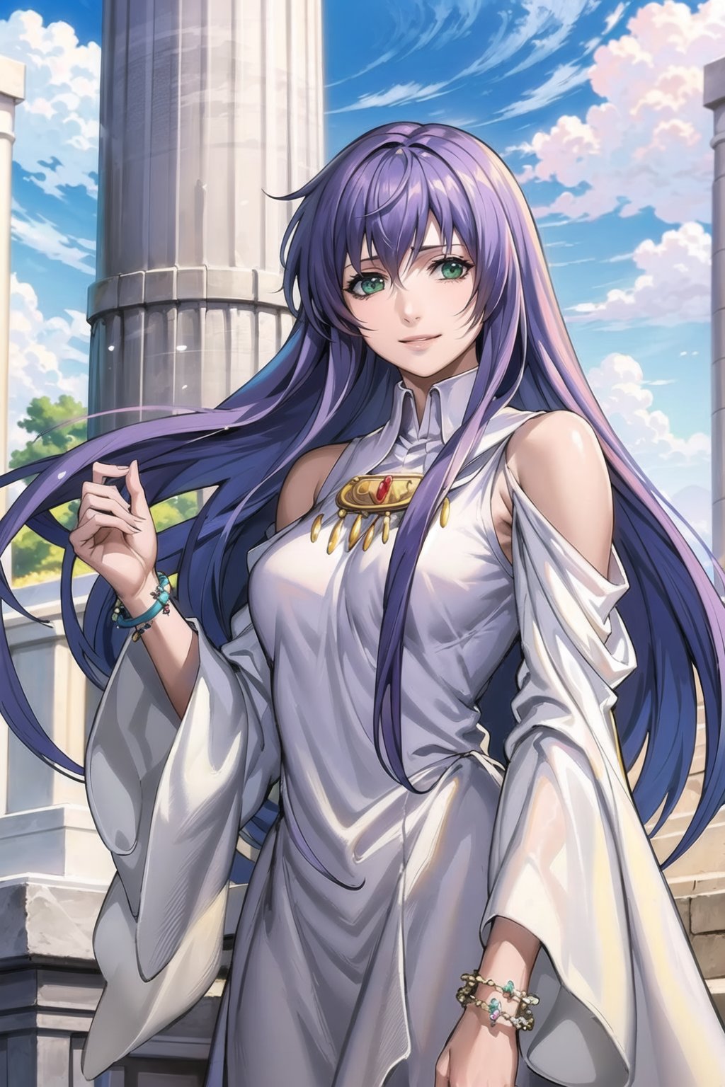 ((best quality)), ((highly detailed)), masterpiece, ((official art)), looking at viewer,sasha, purple hair, long hair, green eyes, floating_hair, smile, lips, white dress, wide sleeves, bare_shoulder, white dress, long sleeves, long dress, jewelry, bracelet, clothing cutout,  shoulder cutout, ,best quality, masterpiece, intricate details, scenary, outdoors, flower, pillar, column, day, cloud,trending on Artstation