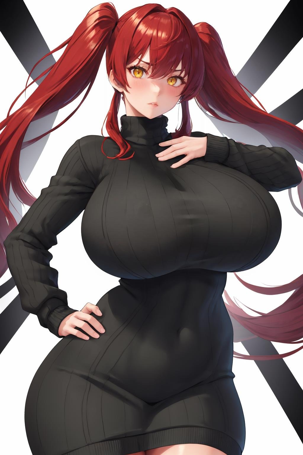 masterpiece, best quality, 1girl, solo, <lora:kemigawamondo-artist-richy-v1:1> turtleneck sweater, ribbed sweater, red hair, twintails, very long hair, yellow eyes, huge breasts, looking at viewer, blush, mature female, wide hips, white background, hand on hip, hand on own chest, sweater dress,